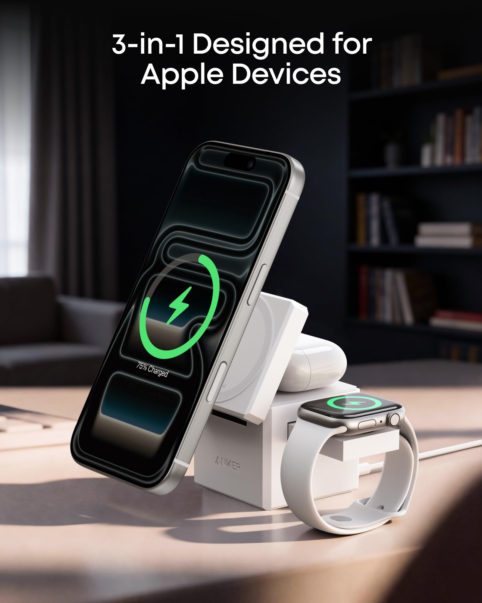 Anker 3-in-1 Cube Wireless Charger, MagSafe Charging Stand, 15W Foldable Fast Charging Station for iPhone 17/16/15, Apple Watch 1-8/Ultra, AirPods (Adapter Included, Non-Battery)