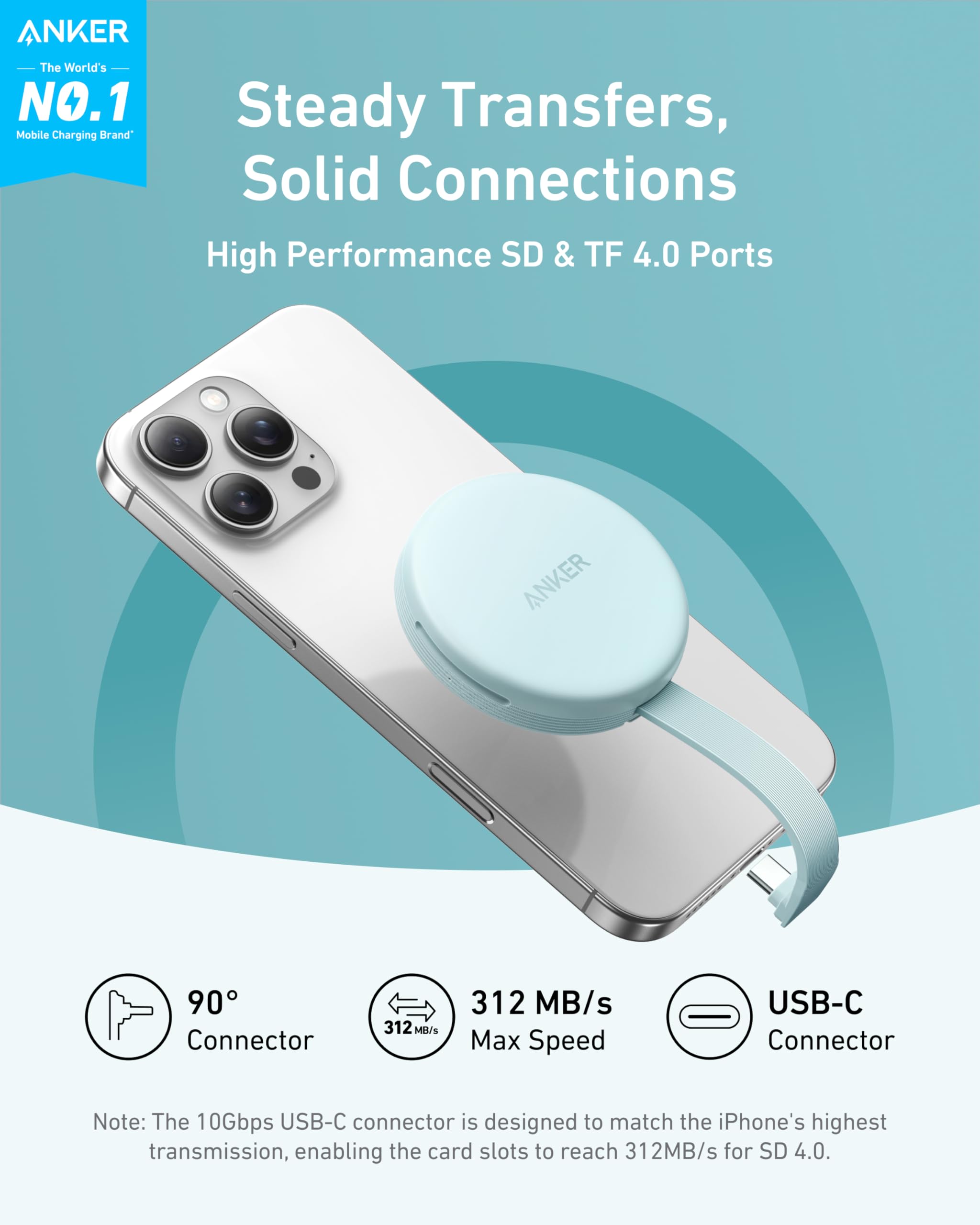 Anker MagGo USB-C Adapter, SD Card Reader for iPhone 16/15 Series, Portable Magnetic Memory Card Reader with Built-in Cable, Slot for SD&TF, 312MB/s Max Data Transfer forUSB C Devices(Green)