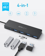 Anker USB Hub 4 Ports with 5Gbps Data Transfer, Multiple USB 3.0 Hub, USB Splitter for Laptop, Extender for A Port Laptop, PC, Desktop and More [Charging Not Supported](0.7 ft USB-A)