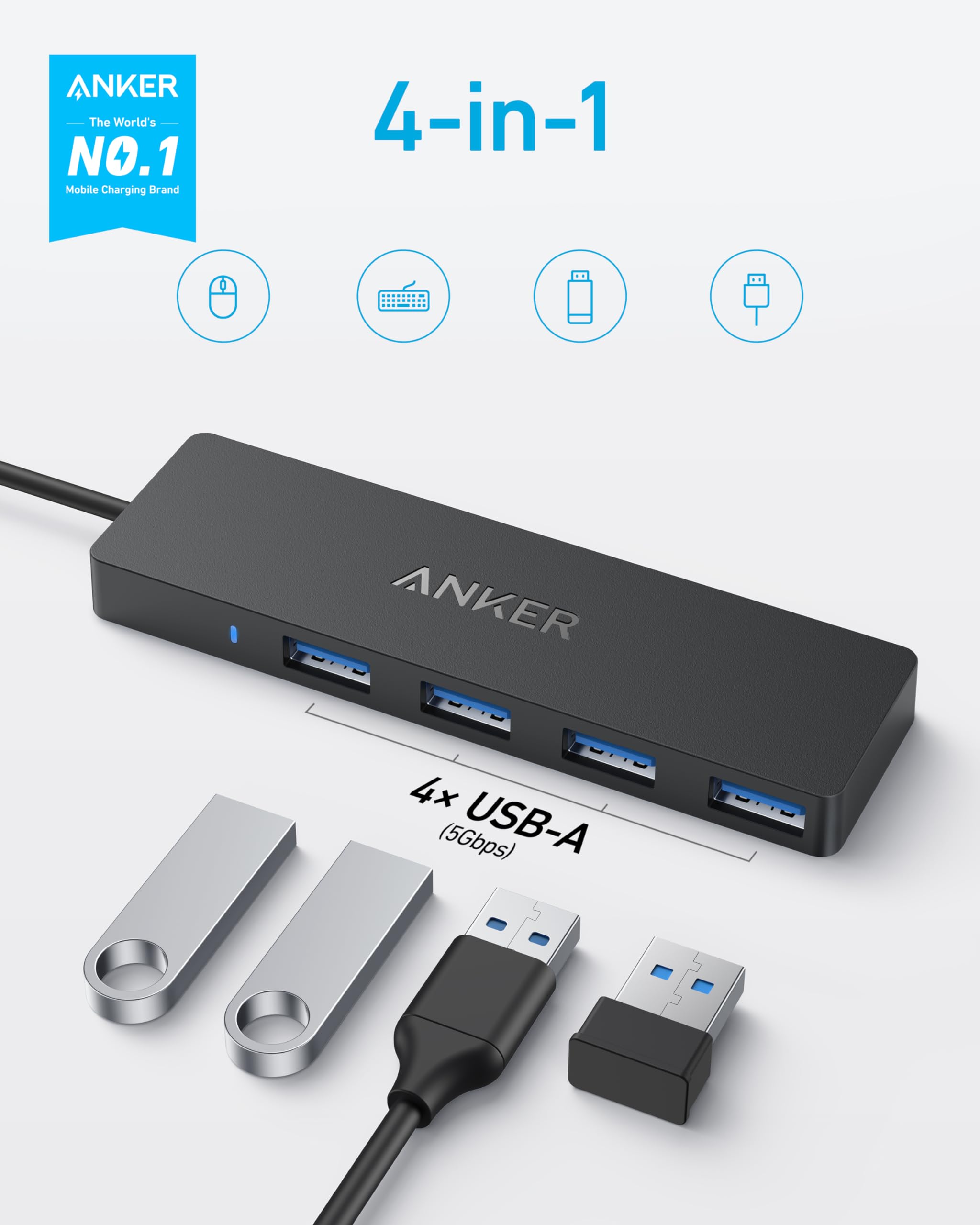 Anker USB Hub 4 Ports with 5Gbps Data Transfer, Multiple USB 3.0 Hub, USB Splitter for Laptop, Extender for A Port Laptop, PC, Desktop and More [Charging Not Supported](0.7 ft USB-A)