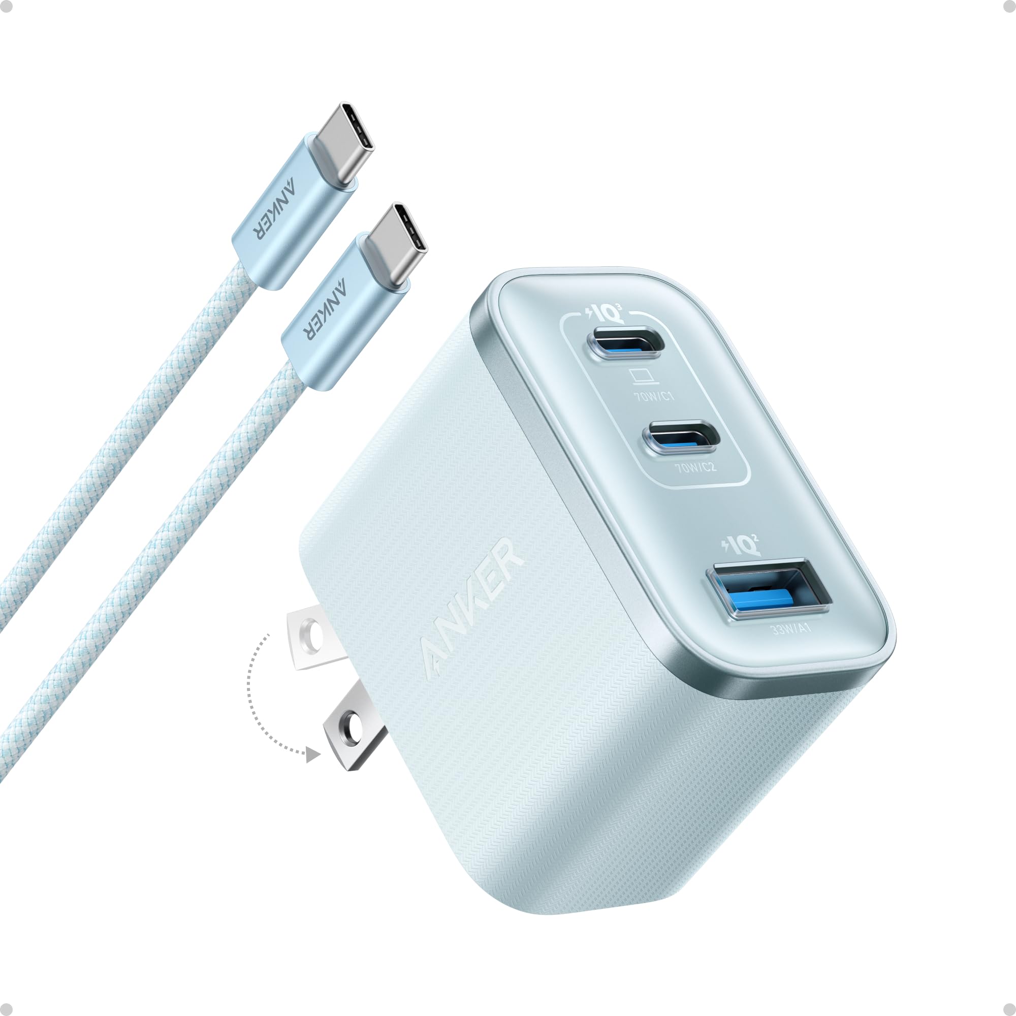 Anker Nano USB C Charger, Ultra-Fast 70W Output 3-Port Fast Charger USB C, Type C Charger Fast Charging, Compact and Stylish, for iPhone 17/16 Series,MacBook, iPad and More(White, Cable Included)