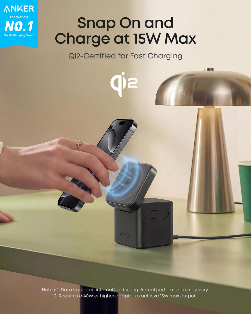 Anker 3-in-1 Cube Wireless Charger, MagSafe Charging Stand, 15W Foldable Fast Charging Station for iPhone 17/16/15, Apple Watch 1-8/Ultra, AirPods (Adapter Included, Non-Battery)