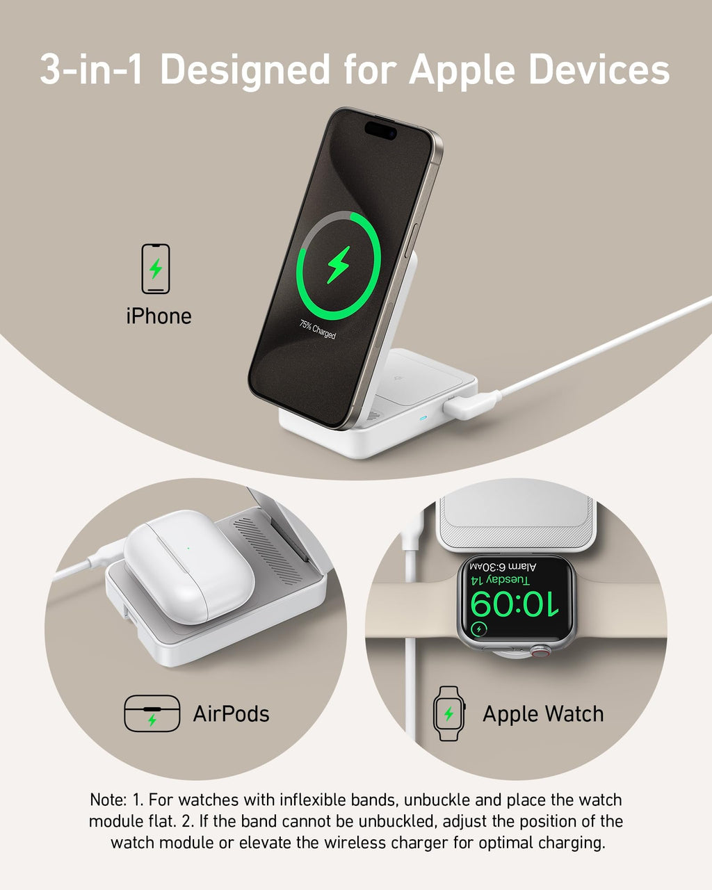 Anker MagGo 3 in 1 iPhone 17 Charging Station, MagSafe-Compatible Wireless Charger Stand, Qi2 Certified 15W Foldable Charger for iPhone 17/16/15/14/13/12, AirPods, Apple Watch Ultra(Adapter Included)