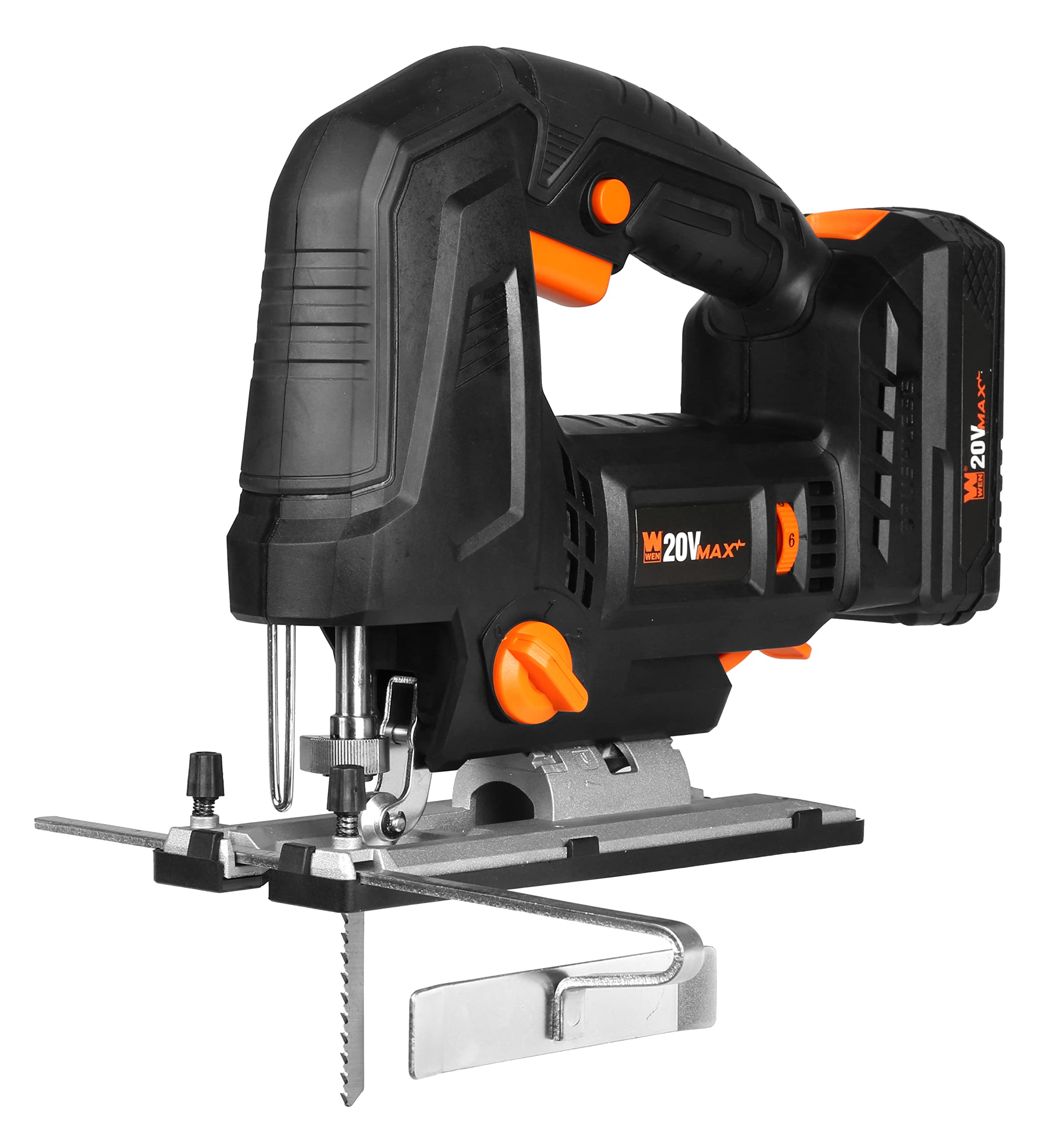 WEN Cordless Jigsaw, Brushless with Auto-Speed, 20V Max 4.0Ah Lithium Ion Battery, and Charger (20670)