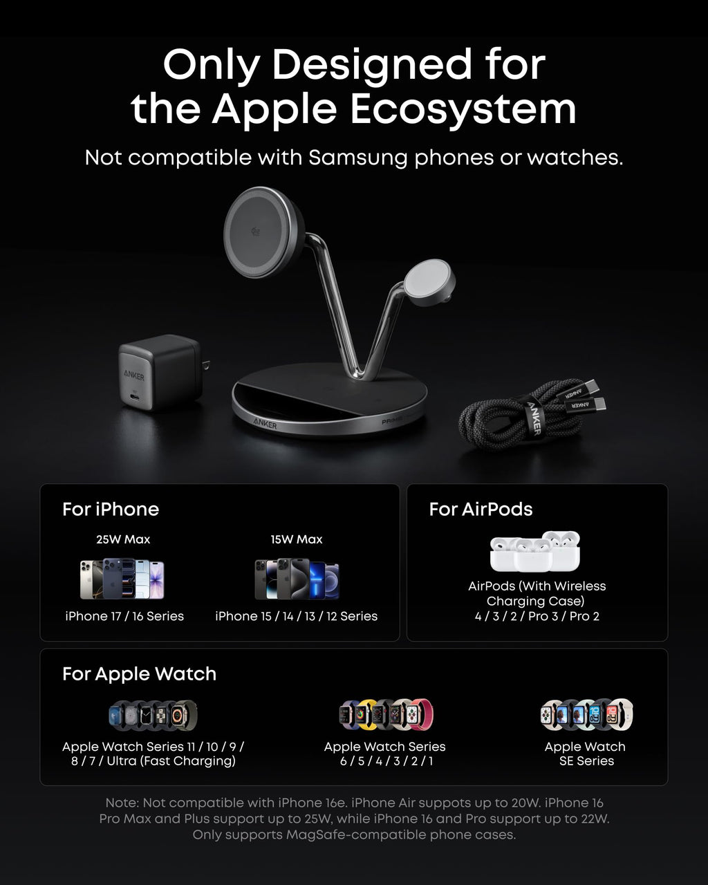Anker Prime 3-in-1 Charging Station, Qi2.2-Certified 25W Wireless Charger Dock Stand, MagSafe Compatible, Smart Display with TEC Active Cooling, for iPhone 17, Apple Watch, AirPods, and More