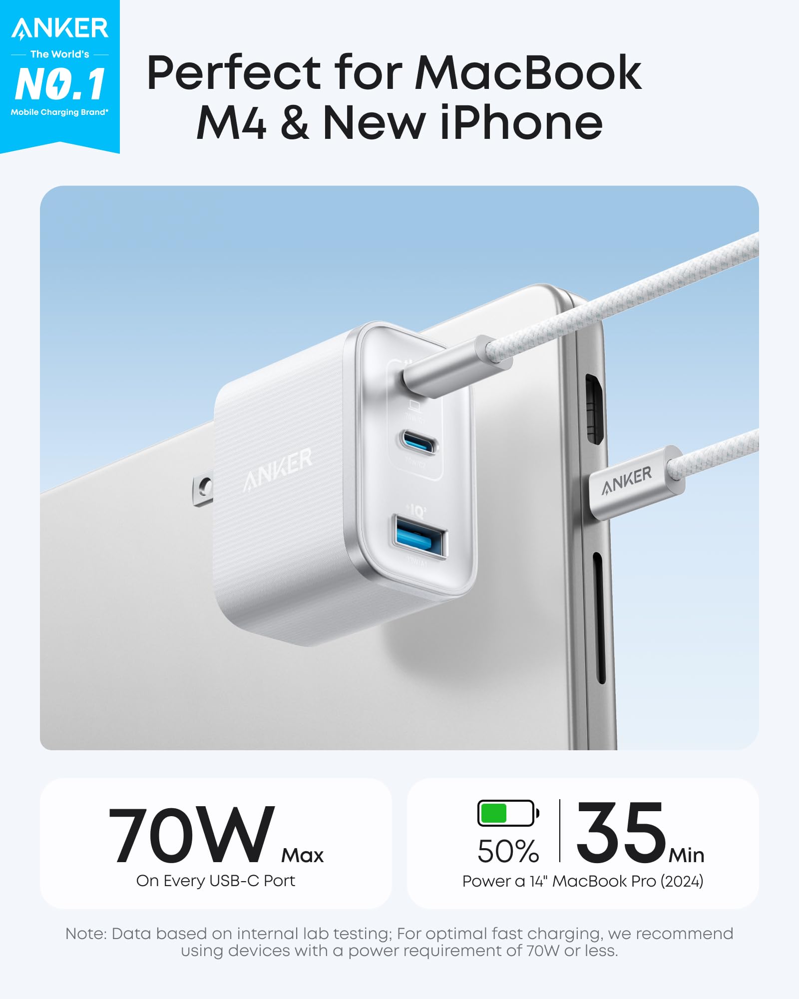 Anker Nano USB C Charger, Ultra-Fast 70W Output 3-Port Fast Charger USB C, Type C Charger Fast Charging, Compact and Stylish, for iPhone 17/16 Series,MacBook, iPad and More(White, Cable Included)