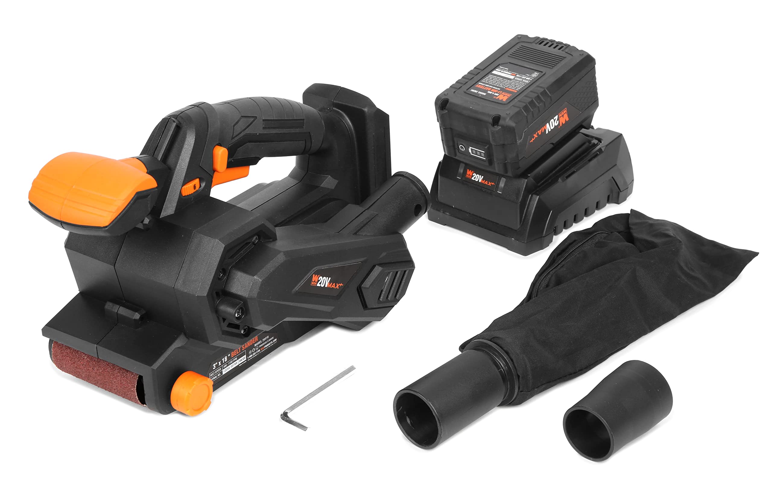 WEN 20418 20V Max Cordless Belt Sander, Variable Speed, Handheld and Portable with 4.0Ah Battery and Charger