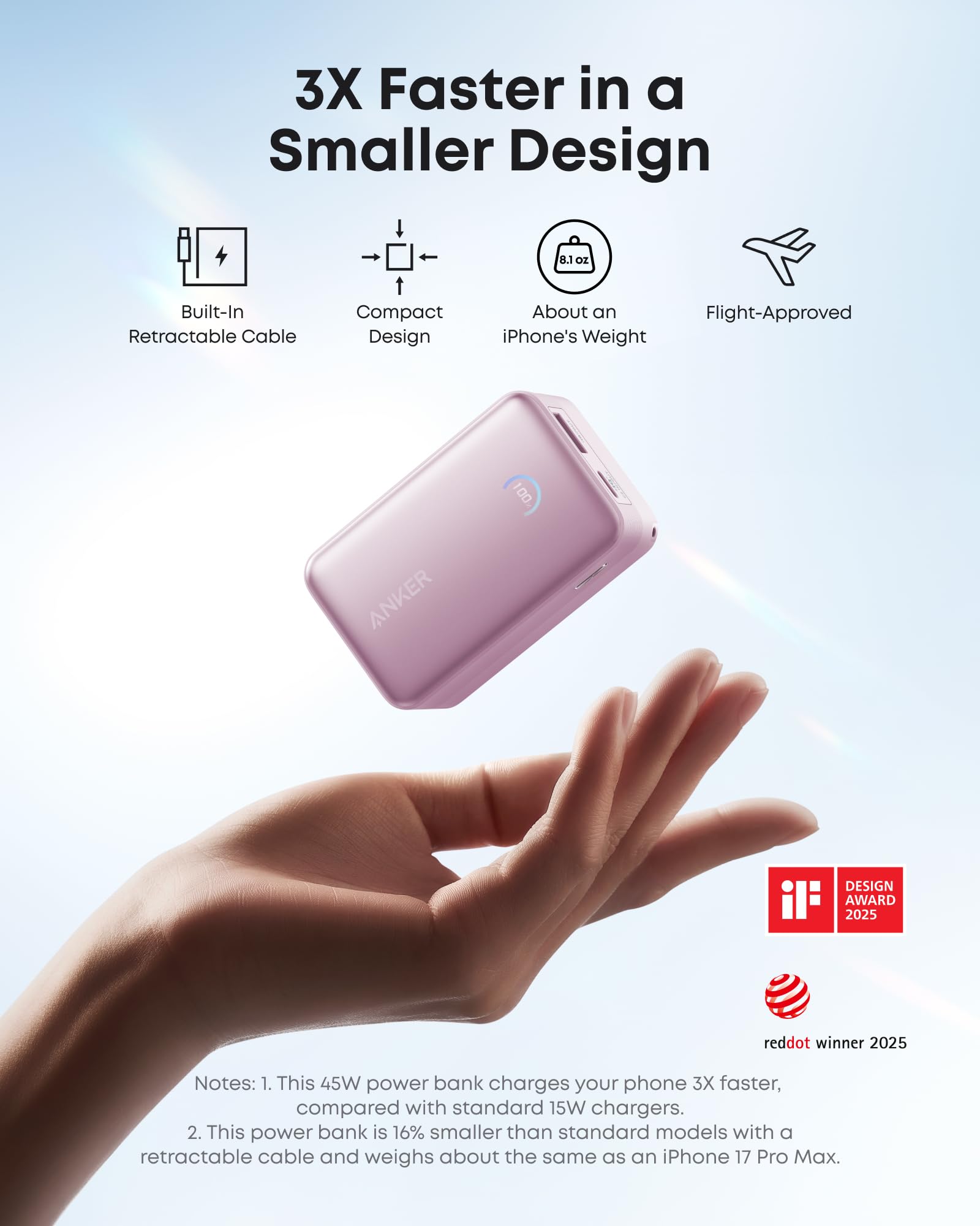 Anker Nano Portable Charger, 45W 10000mAh with 2.3 ft Retractable Cable, Compact Power Bank, Travel Essential Phone Battery Pack for iPhone 17/16 Series, iPad, Galaxy, Pixel, and More