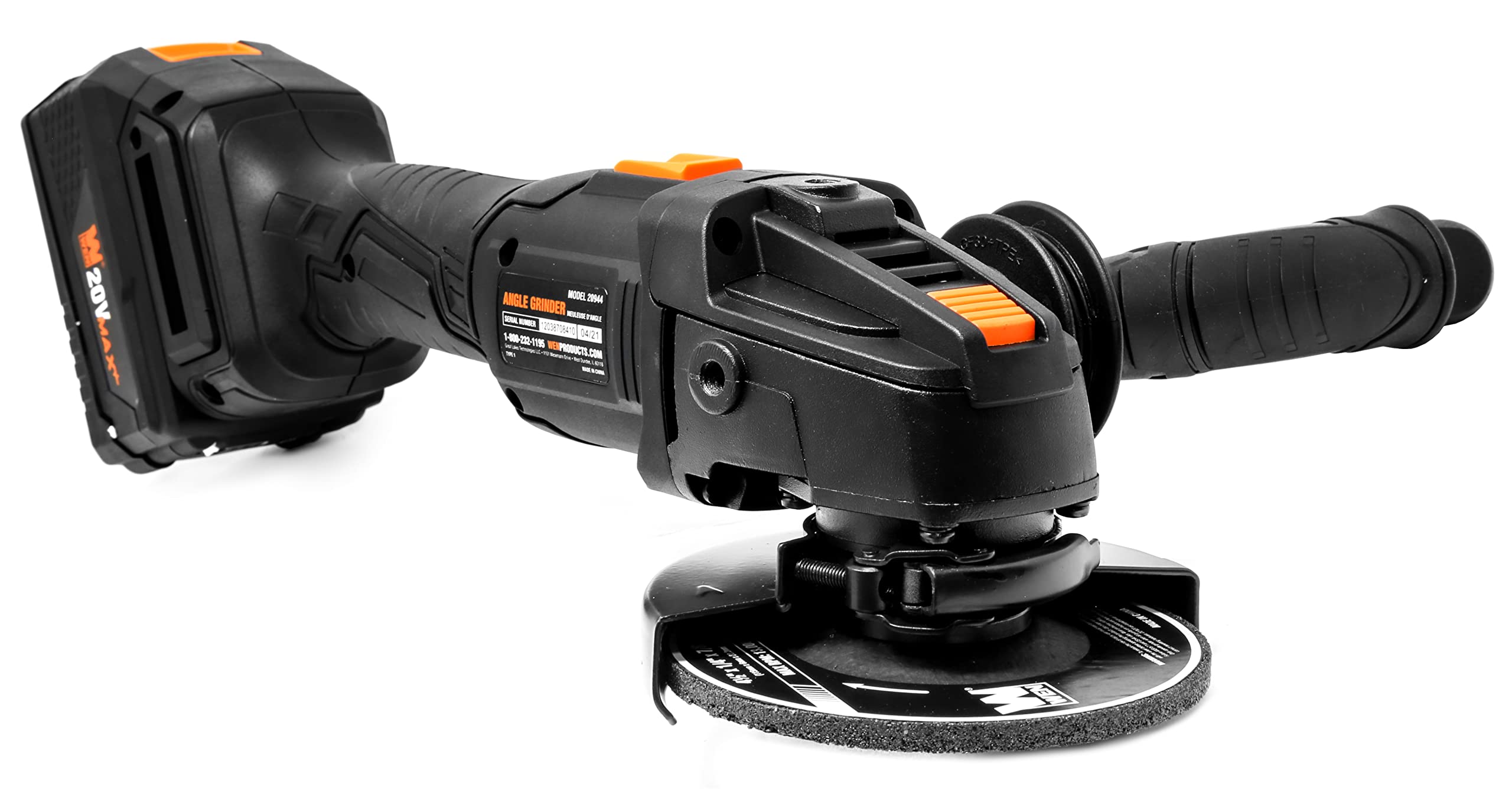 WEN Cordless Angle Grinder, Brushless with 20V Max 4.0 Ah Lithium-Ion Battery and Charger (20944), Black