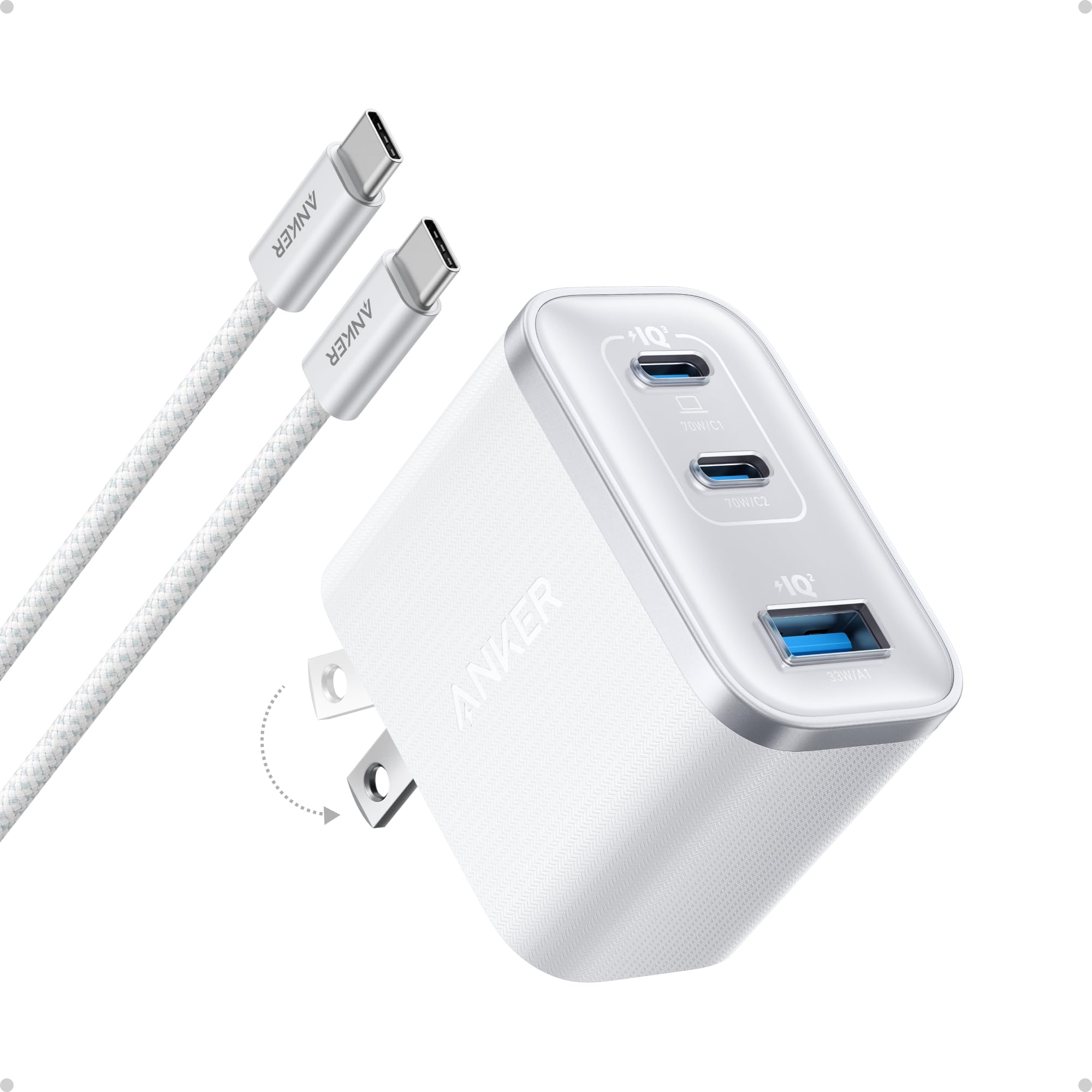 Anker Nano USB C Charger, Ultra-Fast 70W Output 3-Port Fast Charger USB C, Type C Charger Fast Charging, Compact and Stylish, for iPhone 17/16 Series,MacBook, iPad and More(White, Cable Included)