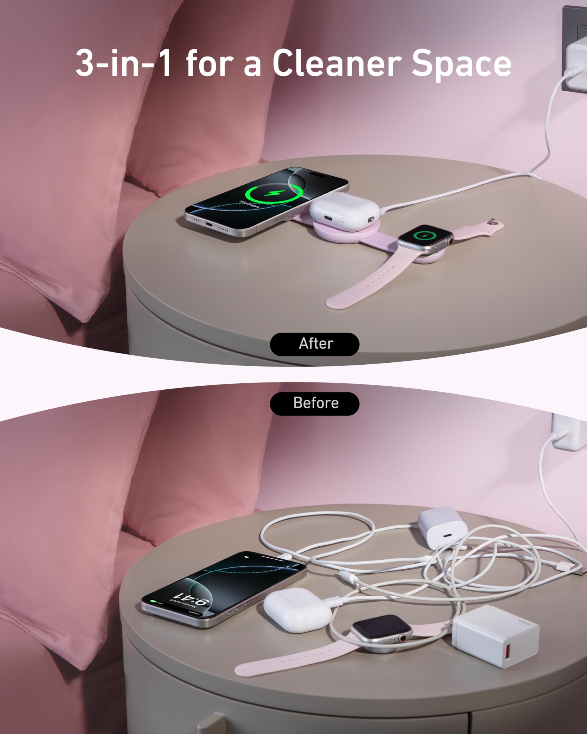 Anker MagSafe Compatible MagGo UFO 3-in-1 Charger, iPhone 17 Wireless Charging Station, 15W Qi2 Certified, Foldable Travel Charging Pad, for iPhone 17/16/15/14, AirPods, Apple Watch (Not a Power Bank)