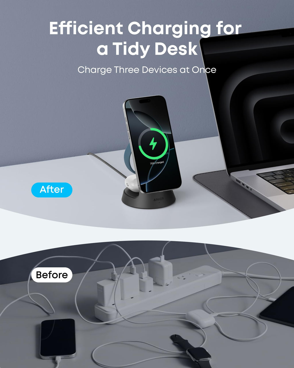 Anker MagSafe Charger Compatible, MagGo 3-in-1 Charging Station, Nano Charging Stand, Qi2 Certified 15W Magnetic Wireless Charger Dock, for iPhone17/16/15/14, Apple Watch,AirPods (Adapter Included)