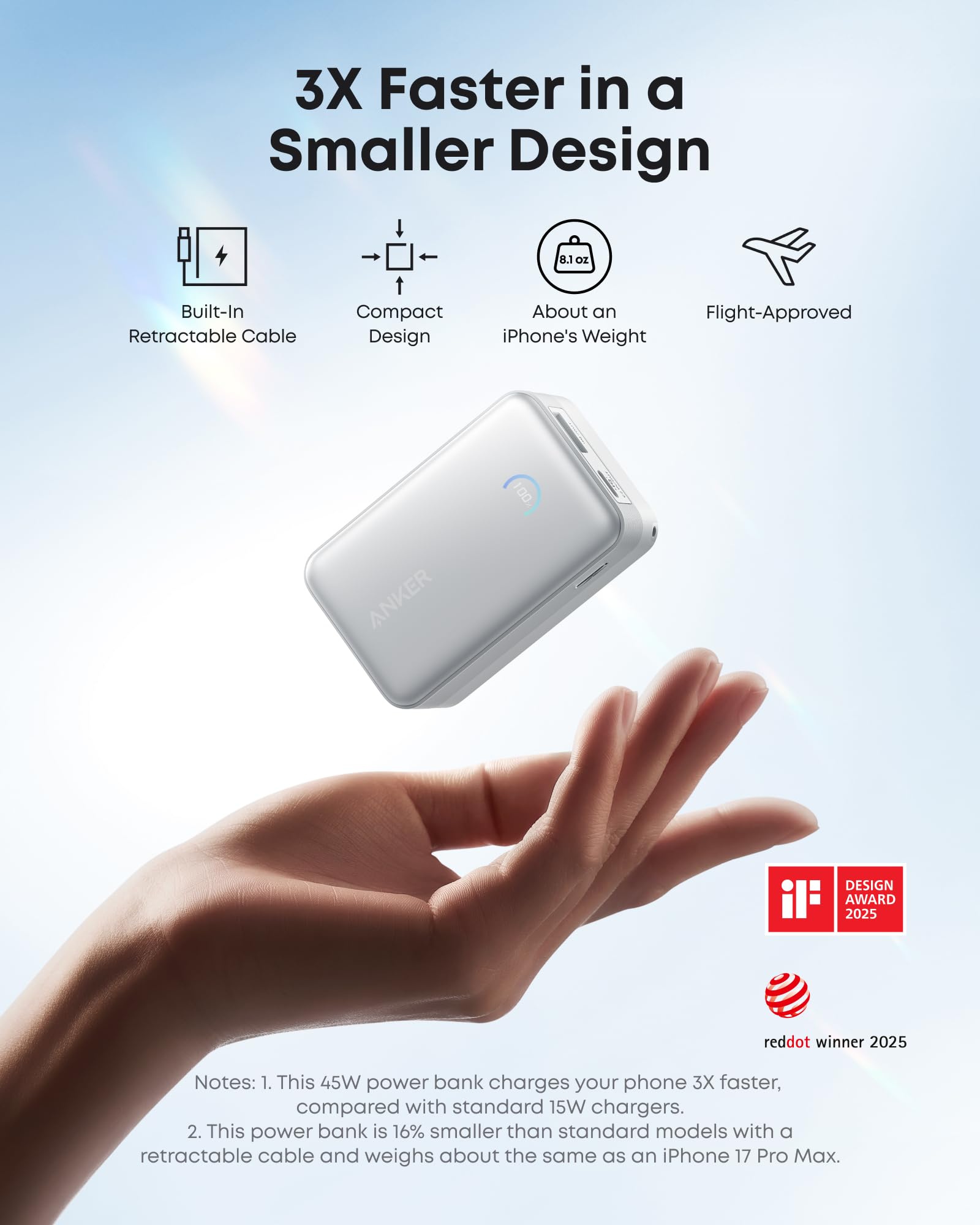 Anker Nano Portable Charger, 45W 10000mAh with 2.3 ft Retractable Cable, Compact Power Bank, Travel Essential Phone Battery Pack for iPhone 17/16 Series, iPad, Galaxy, Pixel, and More