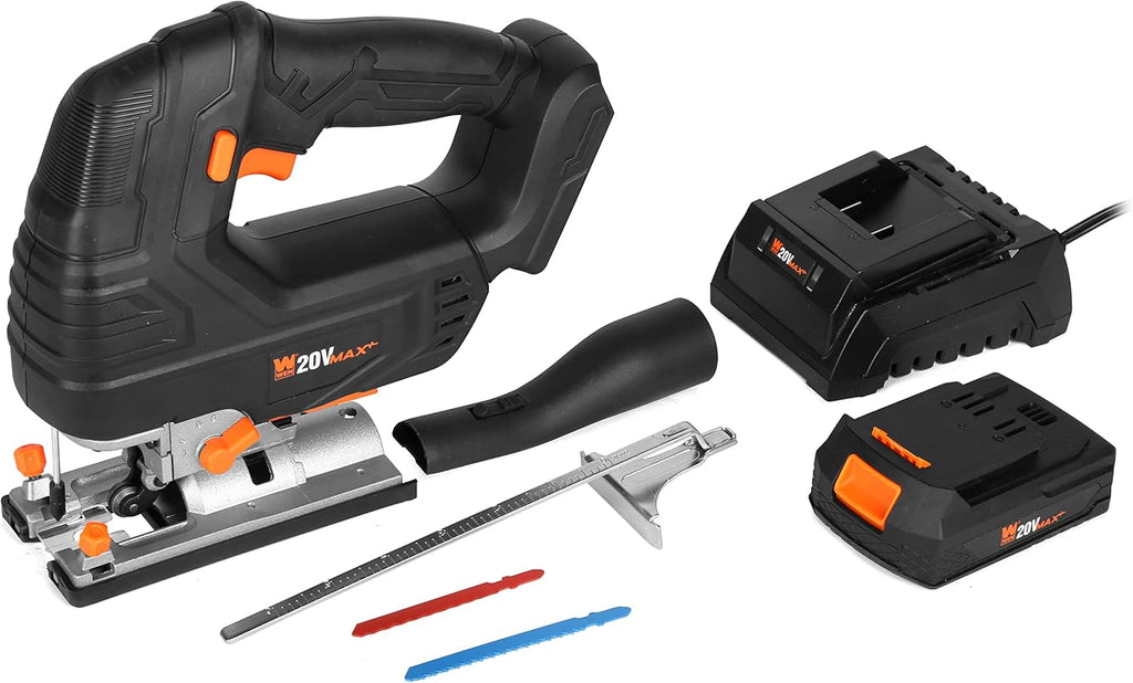 WEN Cordless Jigsaw, Brushless with Auto-Speed, 20V Max 4.0Ah Lithium Ion Battery, and Charger (20670)