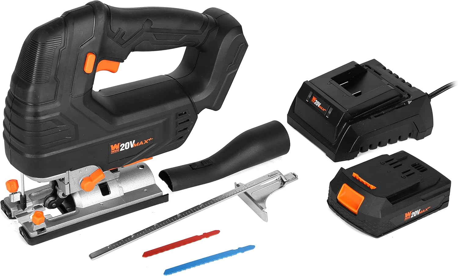 WEN Cordless Jigsaw, Brushless with Auto-Speed, 20V Max 4.0Ah Lithium Ion Battery, and Charger (20670)