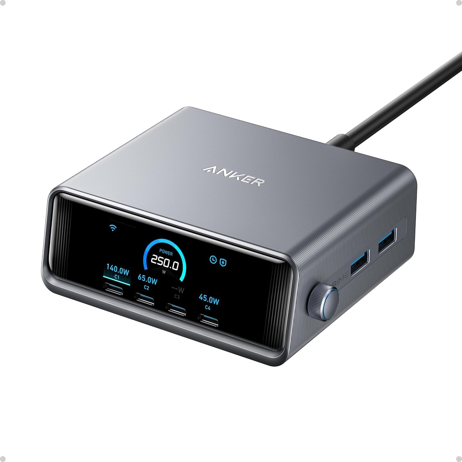 Anker Prime Charging Station, 250W 6-Port GaN USB C Charger, 2.26" LCD Smart Display Control, Compatible with iPhone, Galaxy, MacBook, Dell for Home Office, Gaming Desk Accessories