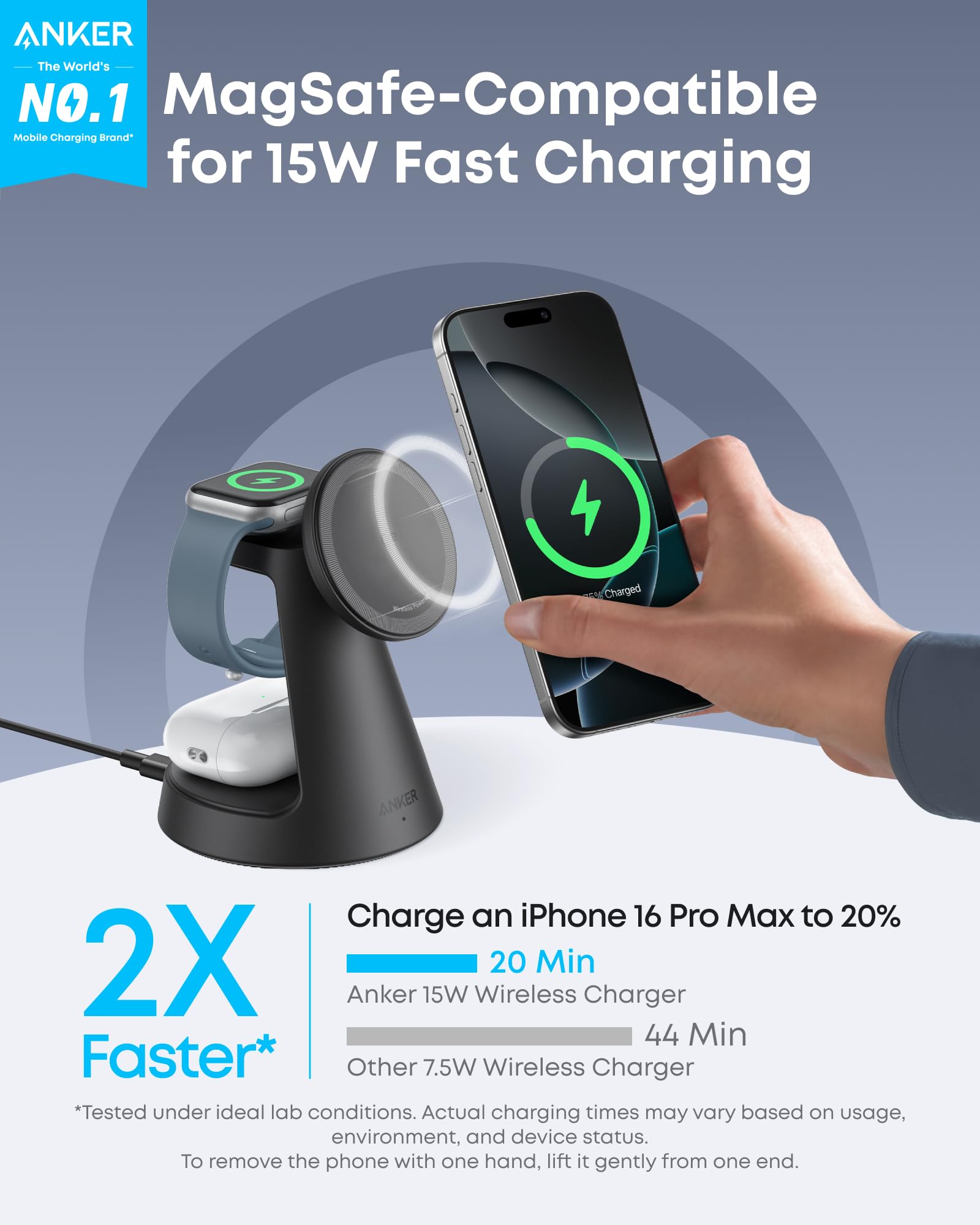 Anker MagSafe Charger Compatible, MagGo 3-in-1 Charging Station, Nano Charging Stand, Qi2 Certified 15W Magnetic Wireless Charger Dock, for iPhone17/16/15/14, Apple Watch,AirPods (Adapter Included)