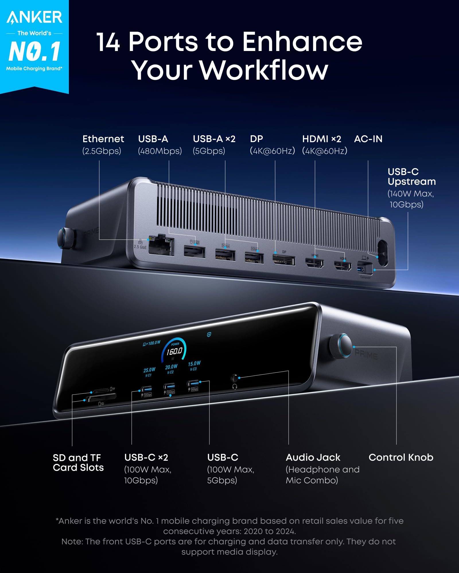 Anker Prime Docking Station (DL7400), 14-Port Triple Display with DisplayLink, 140W Max, Smart Display, Triple 4K 60Hz, Cooling Fan, for Windows Laptops (The Latest DisplayLink Driver Must Installed)