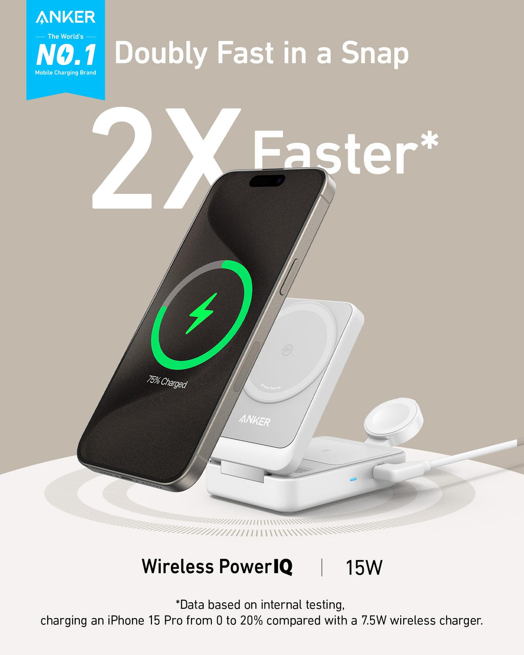 Anker MagGo 3 in 1 iPhone 17 Charging Station, MagSafe-Compatible Wireless Charger Stand, Qi2 Certified 15W Foldable Charger for iPhone 17/16/15/14/13/12, AirPods, Apple Watch Ultra(Adapter Included)