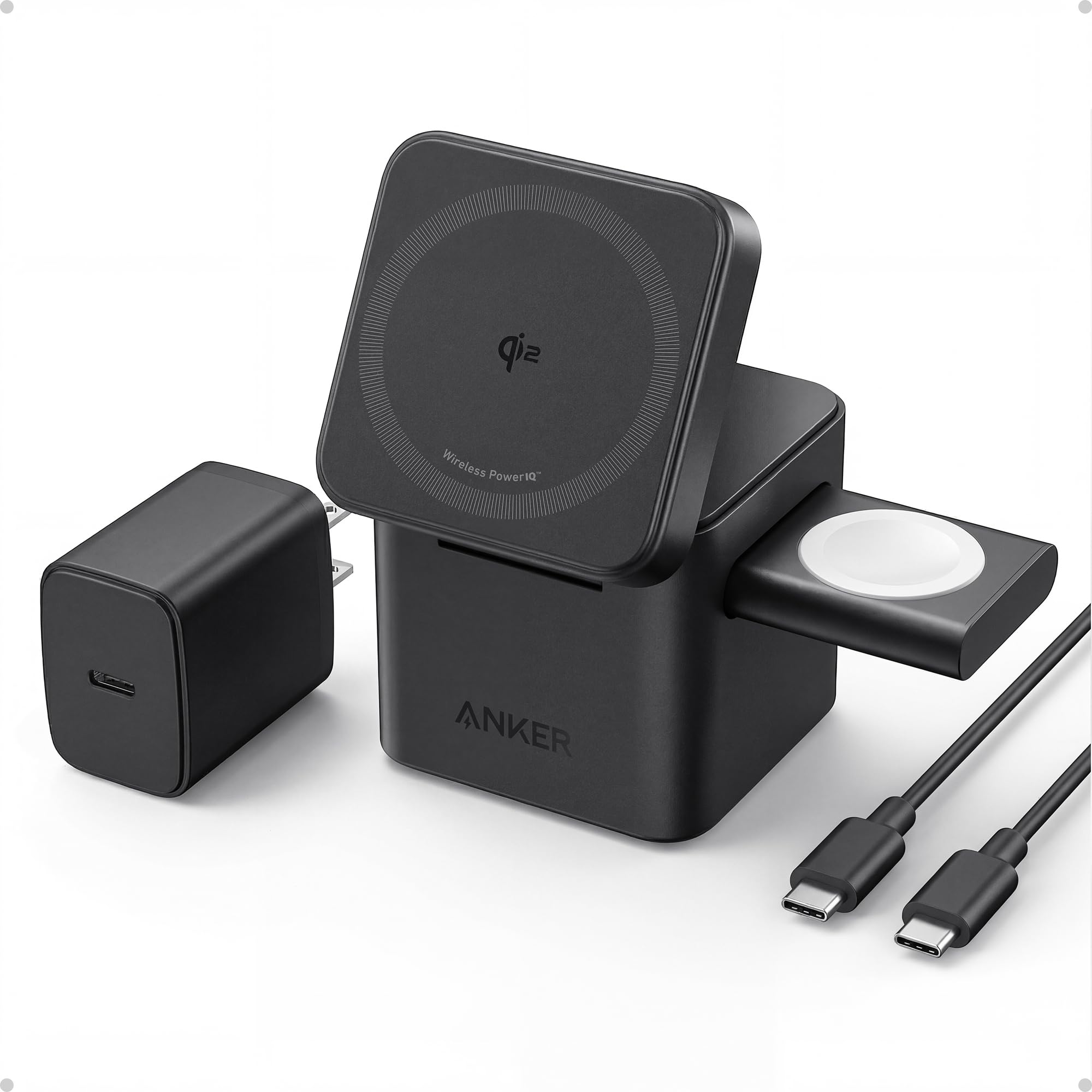 Anker 3-in-1 Cube Wireless Charger, MagSafe Charging Stand, 15W Foldable Fast Charging Station for iPhone 17/16/15, Apple Watch 1-8/Ultra, AirPods (Adapter Included, Non-Battery)