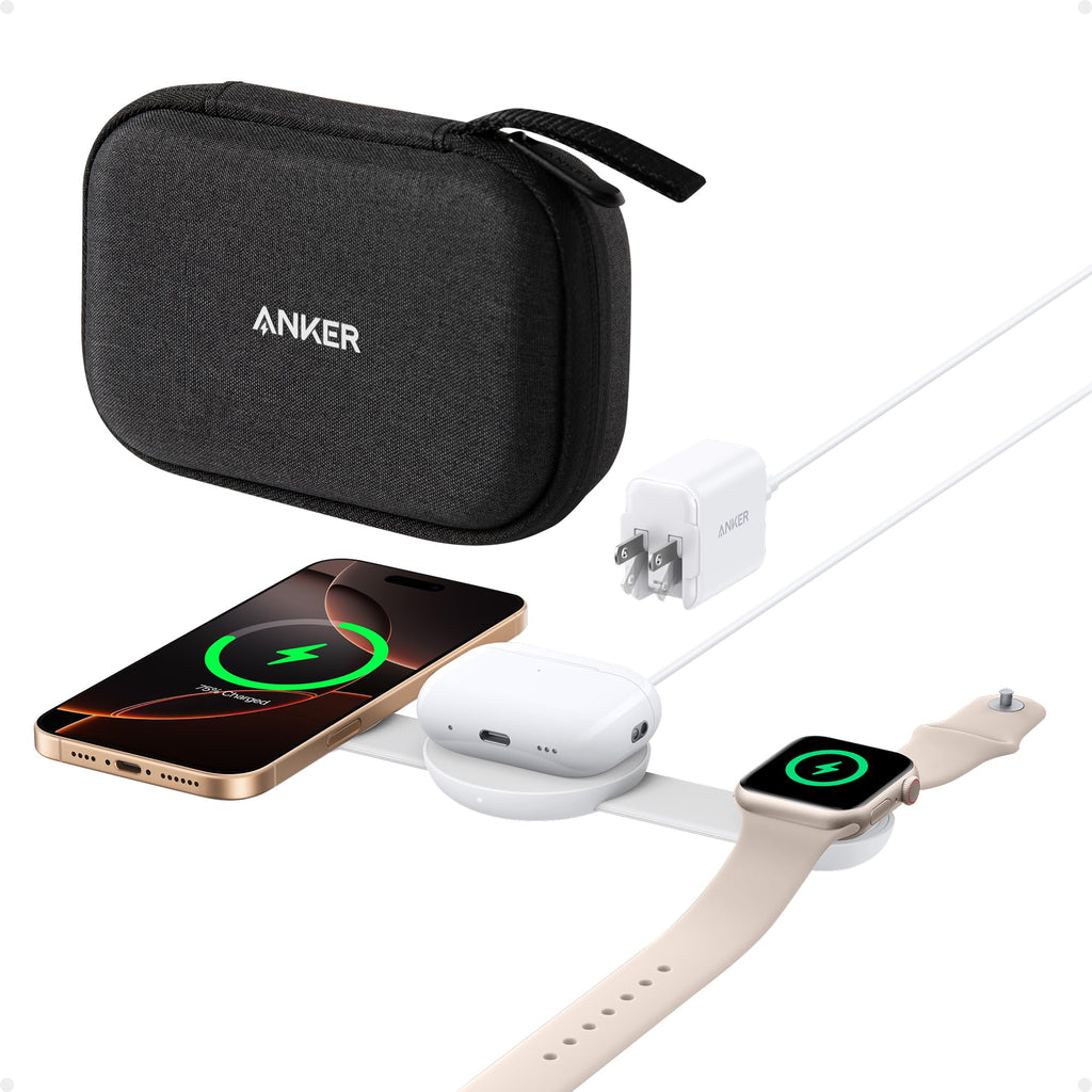 Anker MagSafe Compatible MagGo UFO 3-in-1 Charger, iPhone 17 Wireless Charging Station, 15W Qi2 Certified, Foldable Travel Charging Pad, for iPhone 17/16/15/14, AirPods, Apple Watch (Not a Power Bank)