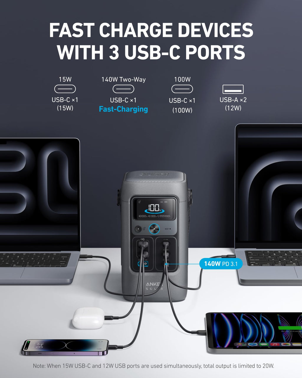 Anker SOLIX C300 DC Power Bank Station and 60W Solar Panel, 288Wh Portable Power Station, LiFePO4 Battery, 300W Solar Generator, for Outdoor, Camping, Traveling, and Emergencies