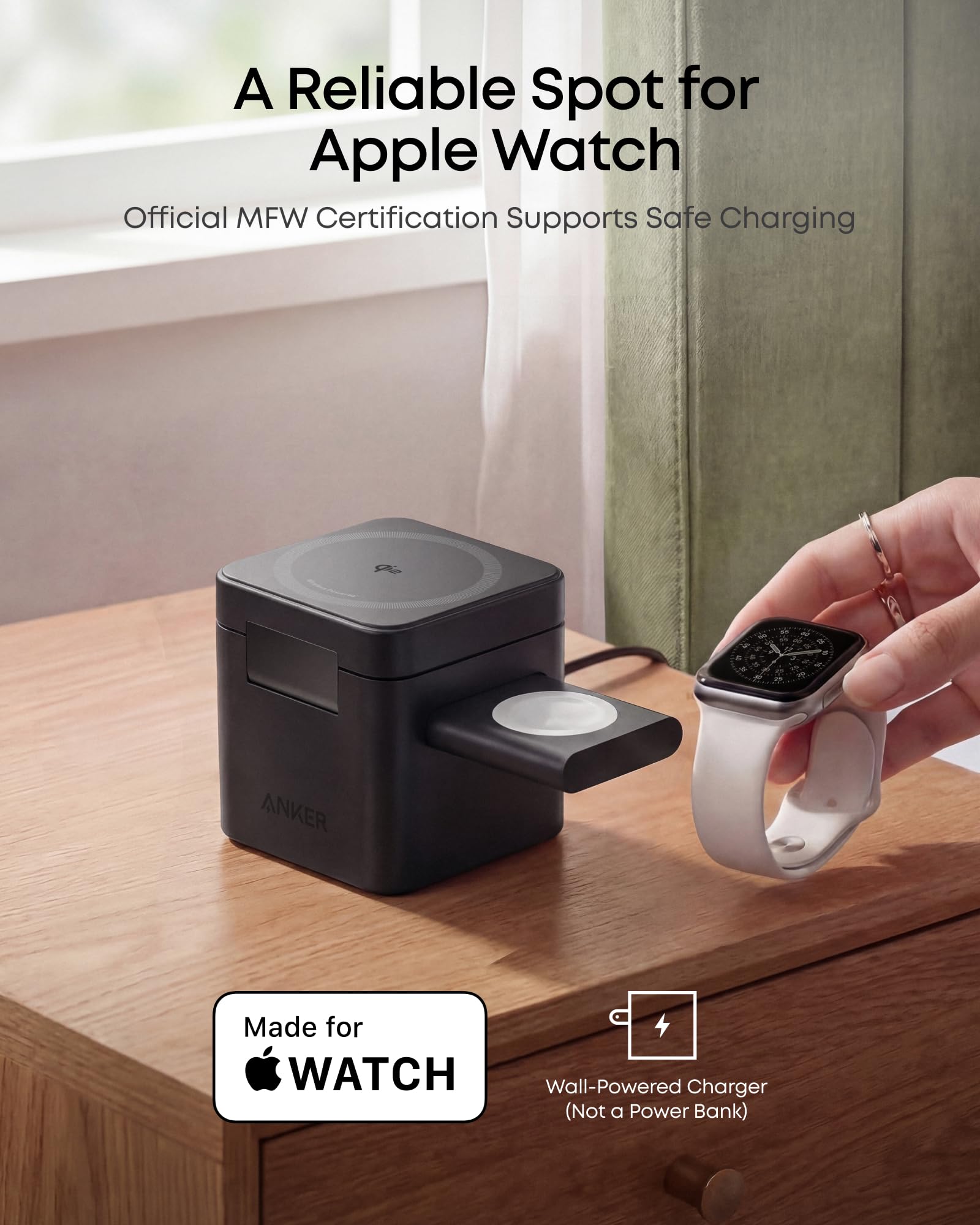Anker 3-in-1 Cube Wireless Charger, MagSafe Charging Stand, 15W Foldable Fast Charging Station for iPhone 17/16/15, Apple Watch 1-8/Ultra, AirPods (Adapter Included, Non-Battery)