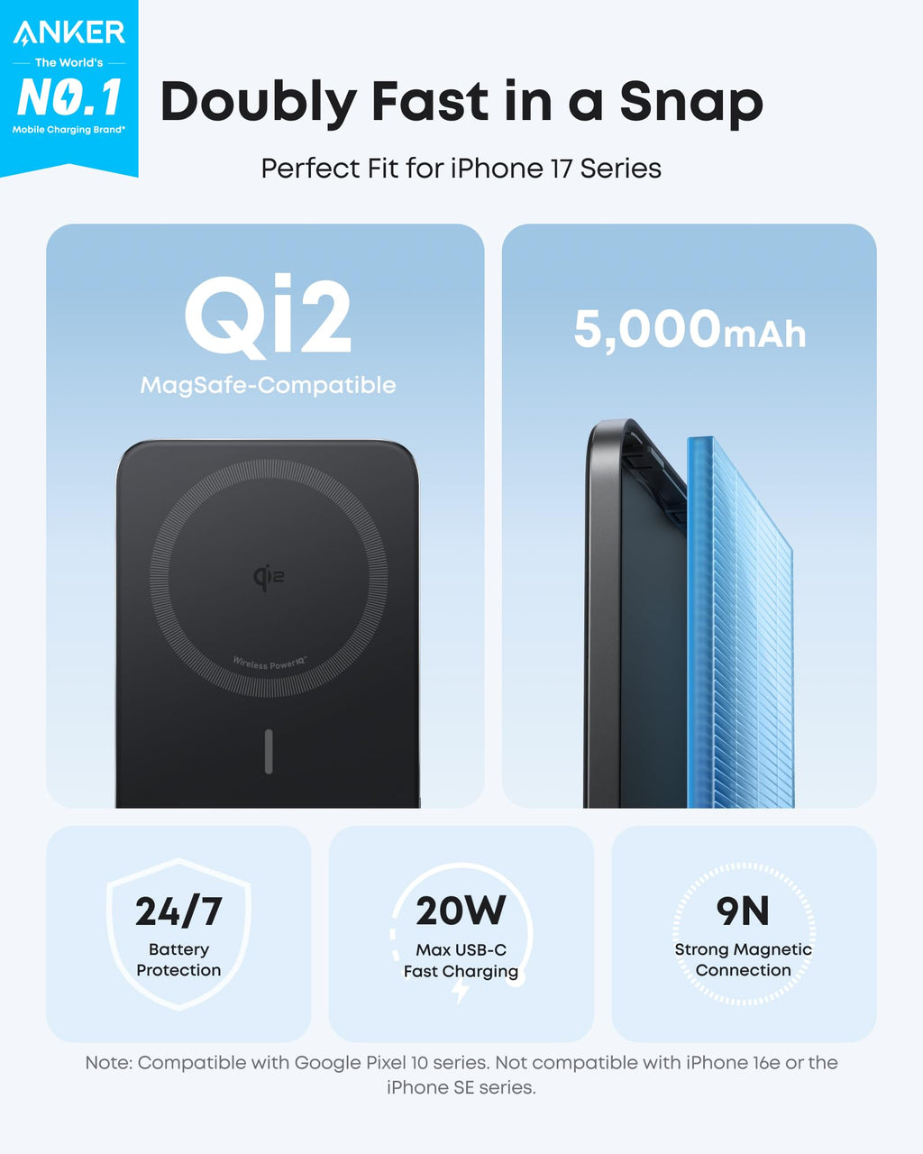 Anker Nano MagSafe Portable Charger, Ultra-Slim 5,000mAh Magnetic Wireless Power Bank, Qi2-Certified 15W Max, Compact for Travel, Ergonomic Design, for iPhone 17/16 Series, and More