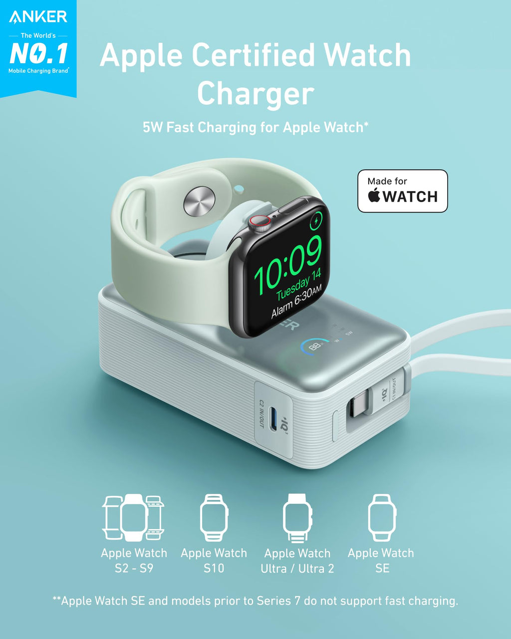 Anker MagGo Power Bank for Apple Watch, Officially Certified 10,000mAh Compact Battery Pack with Built-in USB-C Cable, 35W Max, for iPhone 15 Series, Samsung, iPad, AirPods, and More(White)