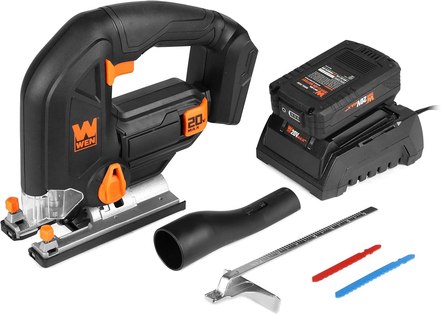 WEN Cordless Jigsaw, Brushless with Variable Speed, 20V Max 4.0 Ah Lithium Ion Battery and Charger (20667)