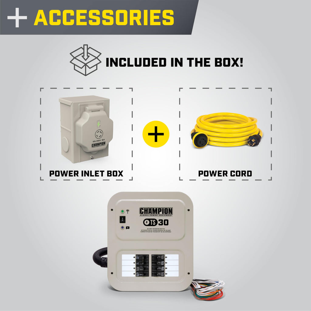 Champion Power Equipment 50-Amp Indoor-Rated Manual Transfer Switch with 30-Foot Generator Power Cord and Weather-Resistant Power Inlet Box