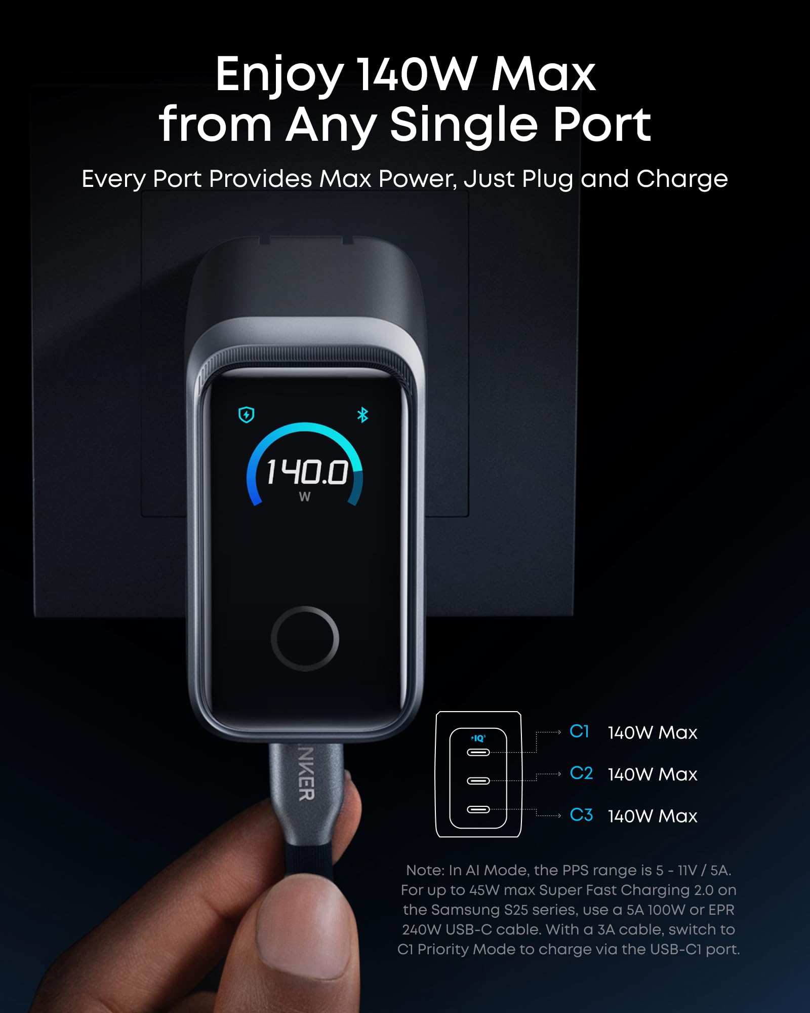 Anker Prime Charger,160W 3-Port Compact GaN USB C Charger,Smart Display,Touch Control,Up to 140W Fast Charging for One Device,for MacBook Pro,Laptop,iPhone 17 Series(Cable Not Included,Non-Battery)