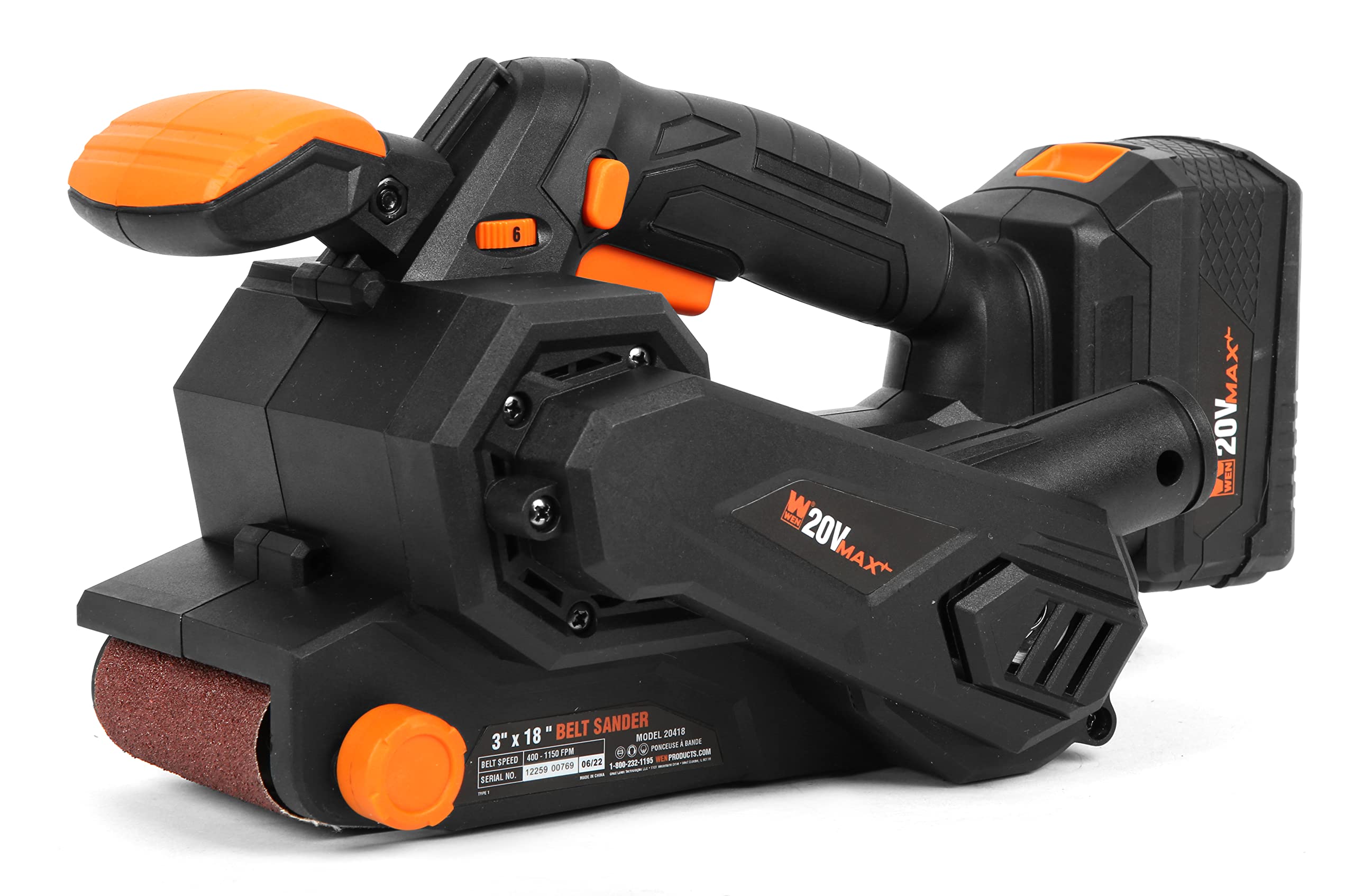 WEN 20418 20V Max Cordless Belt Sander, Variable Speed, Handheld and Portable with 4.0Ah Battery and Charger