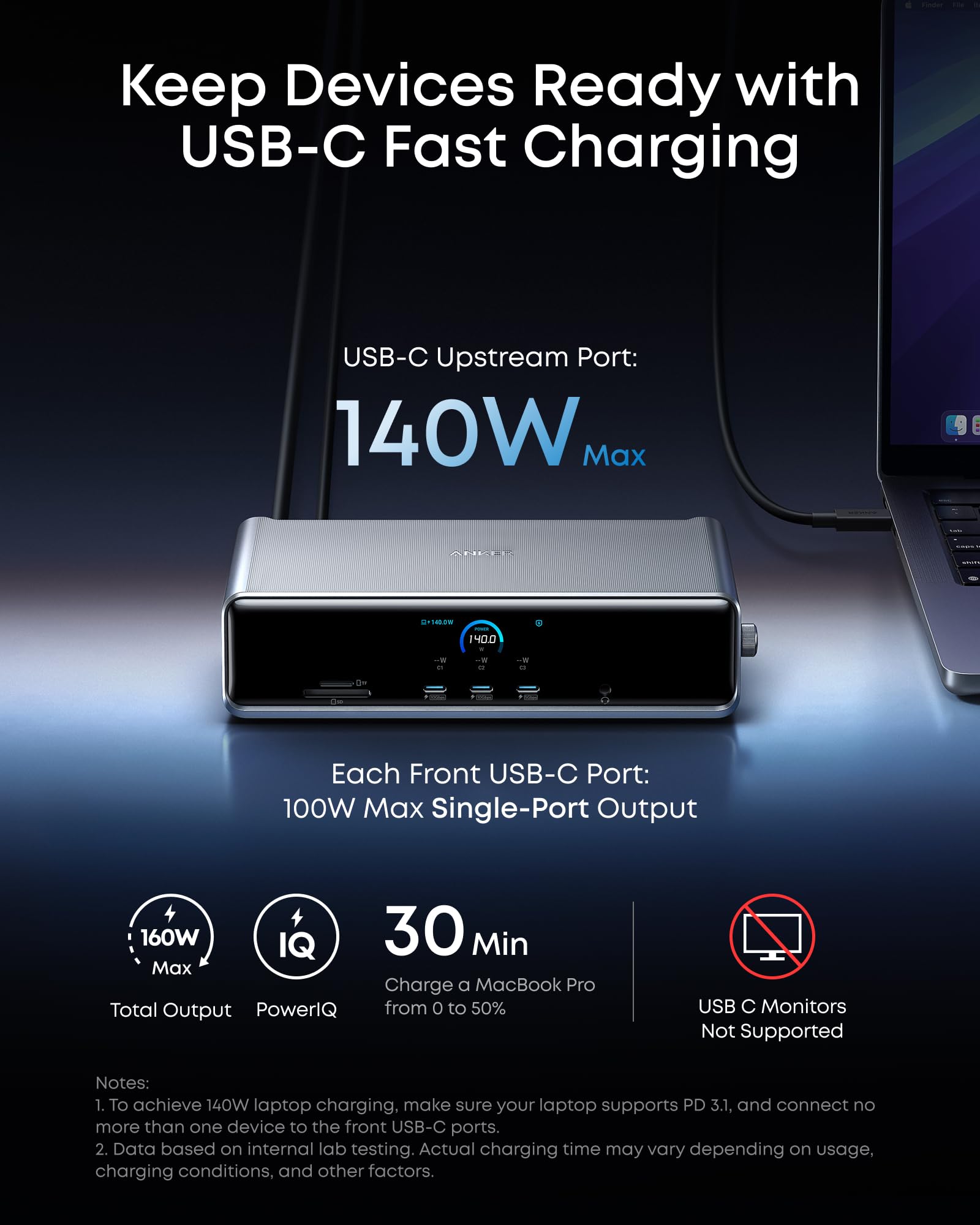 Anker Prime Docking Station (DL7400), 14-Port Triple Display with DisplayLink, 140W Max, Smart Display, Triple 4K 60Hz, Cooling Fan, for Windows Laptops (The Latest DisplayLink Driver Must Installed)