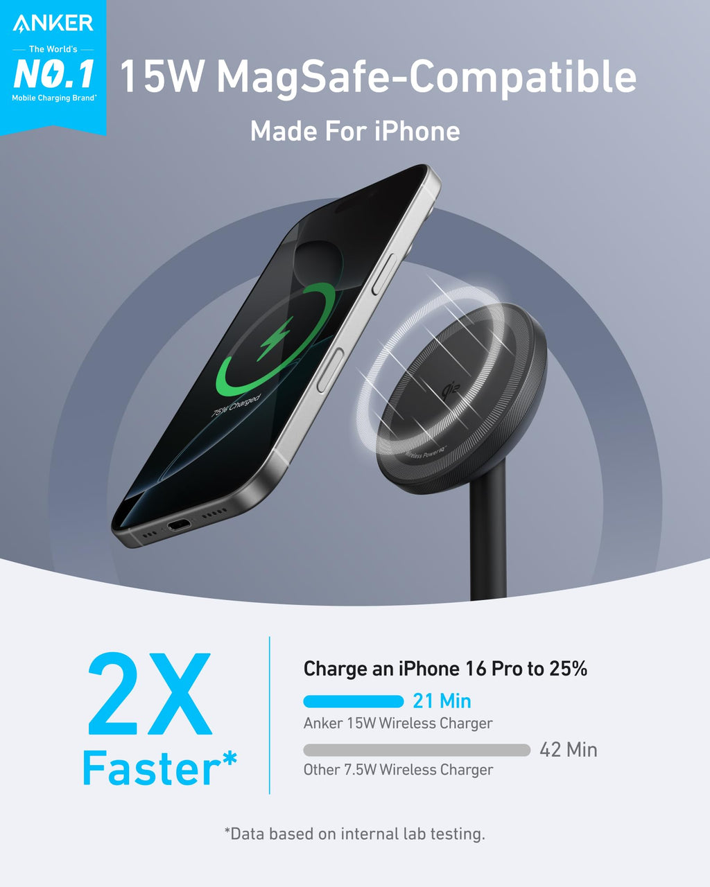Anker MagGo iPhone 17 MagSafe Charger Compatible Stand, 15W Fast Magnetic Wireless Charging Station, Qi2 Certified 360° Wireless Charger, Magnetic Stand for iPhone 17/16/15/14/13 Series (No Adapter)