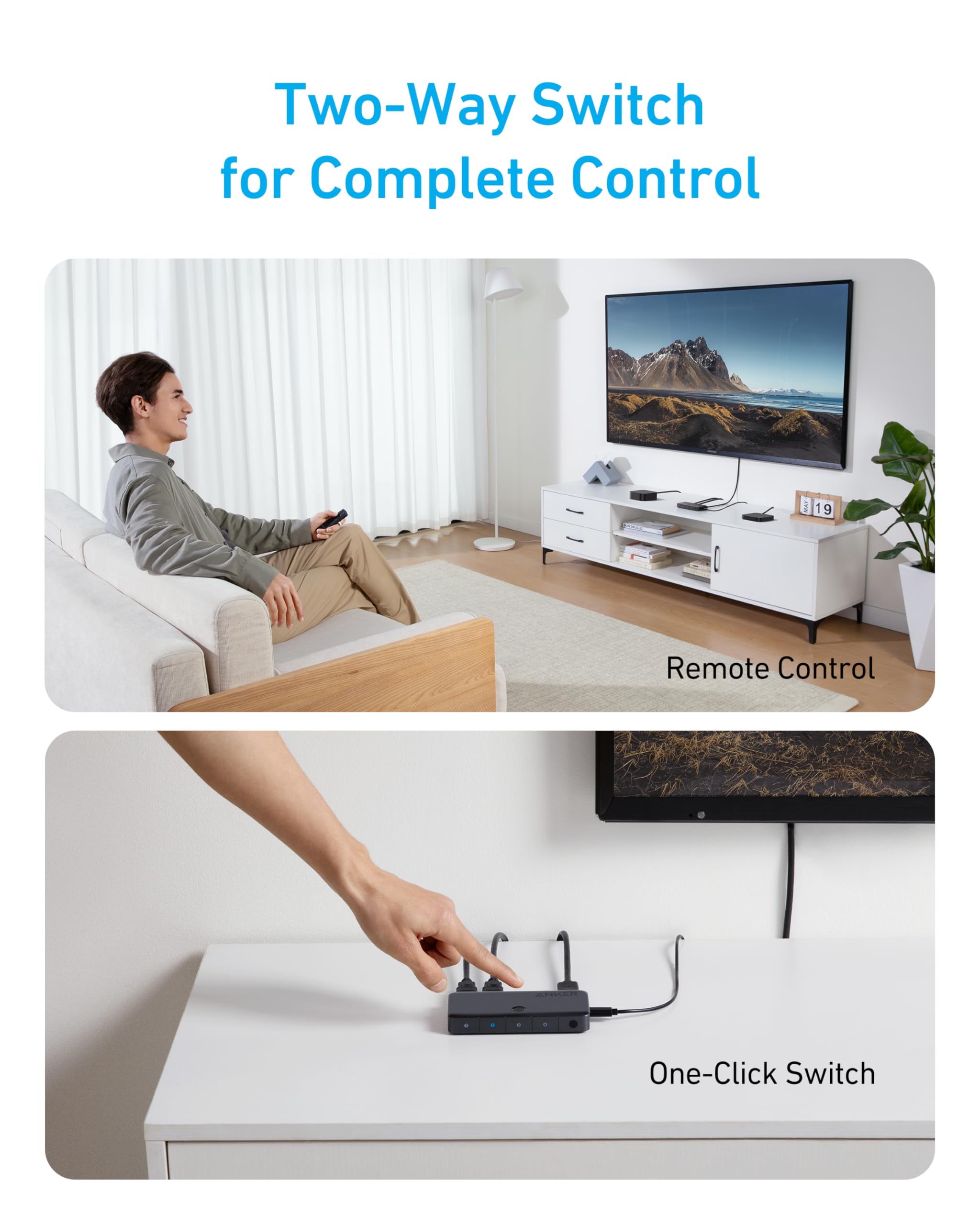 Anker HDMI Switch, 4K@60Hz HDMI Switcher, 4 in 1 Out with Smooth Finish, Supports HDR/3D/Dolby/DTS, Compatible with Laptops,PC,Xbox,PS5/PS4,Projector(Charger and Remote Control Batteries Not Included)