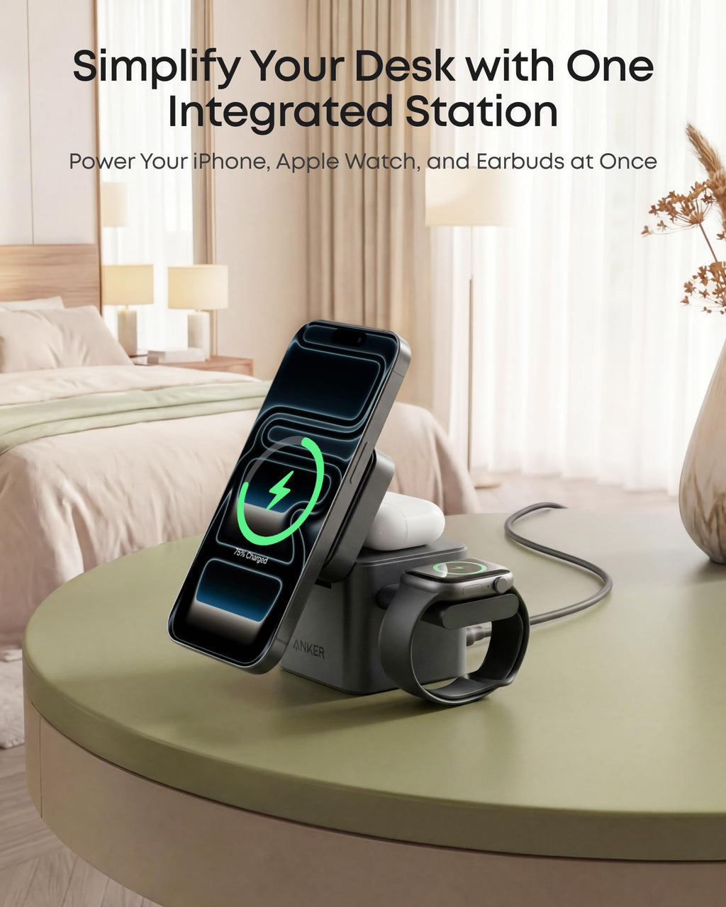 Anker 3-in-1 Cube Wireless Charger, MagSafe Charging Stand, 15W Foldable Fast Charging Station for iPhone 17/16/15, Apple Watch 1-8/Ultra, AirPods (Adapter Included, Non-Battery)