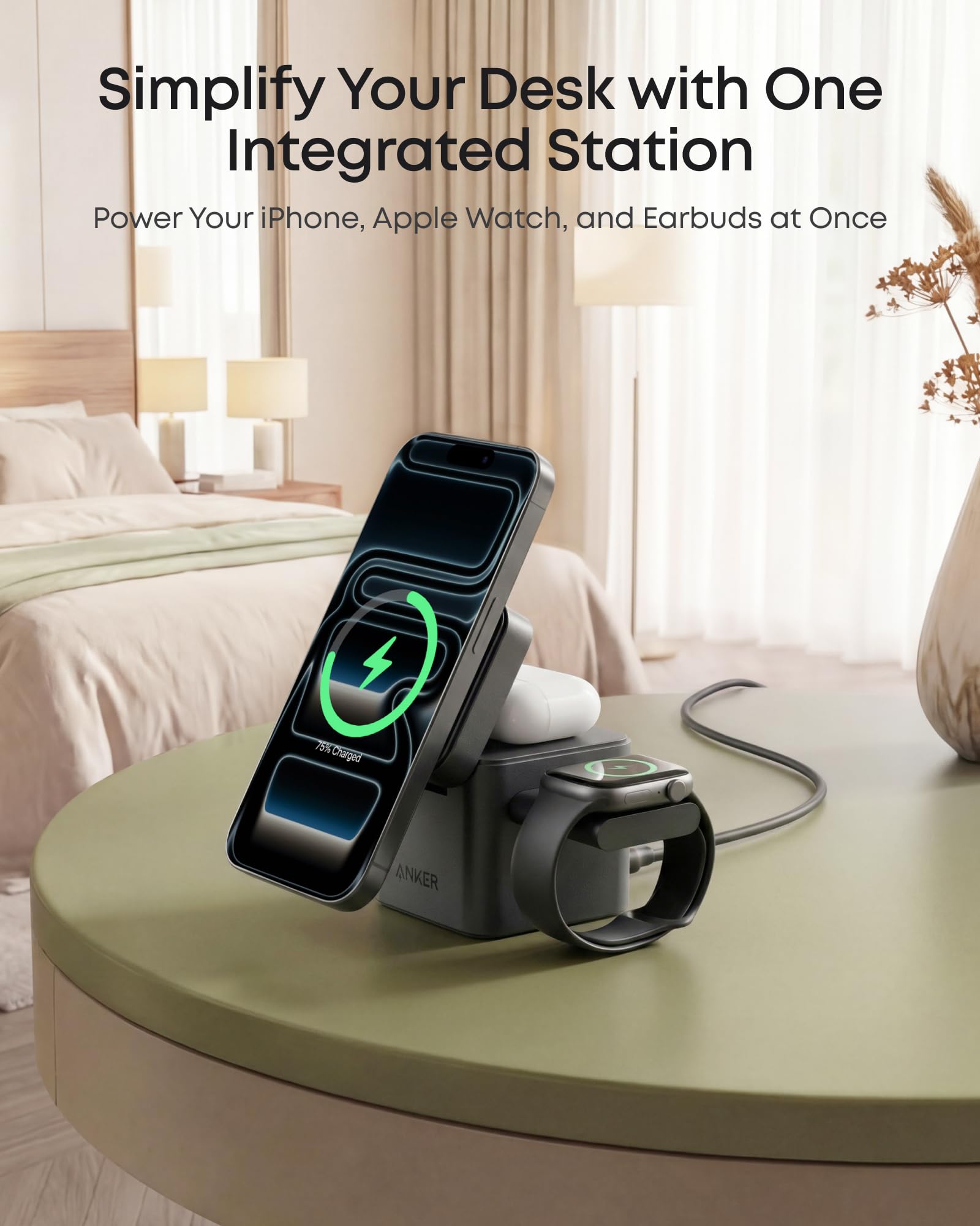 Anker 3-in-1 Cube Wireless Charger, MagSafe Charging Stand, 15W Foldable Fast Charging Station for iPhone 17/16/15, Apple Watch 1-8/Ultra, AirPods (Adapter Included, Non-Battery)