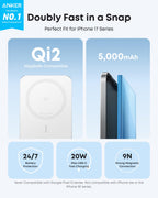 Anker Nano MagSafe Portable Charger, Ultra-Slim 5,000mAh Magnetic Wireless Power Bank, Qi2-Certified 15W Max, Compact for Travel, Ergonomic Design, for iPhone 17/16 Series, and More