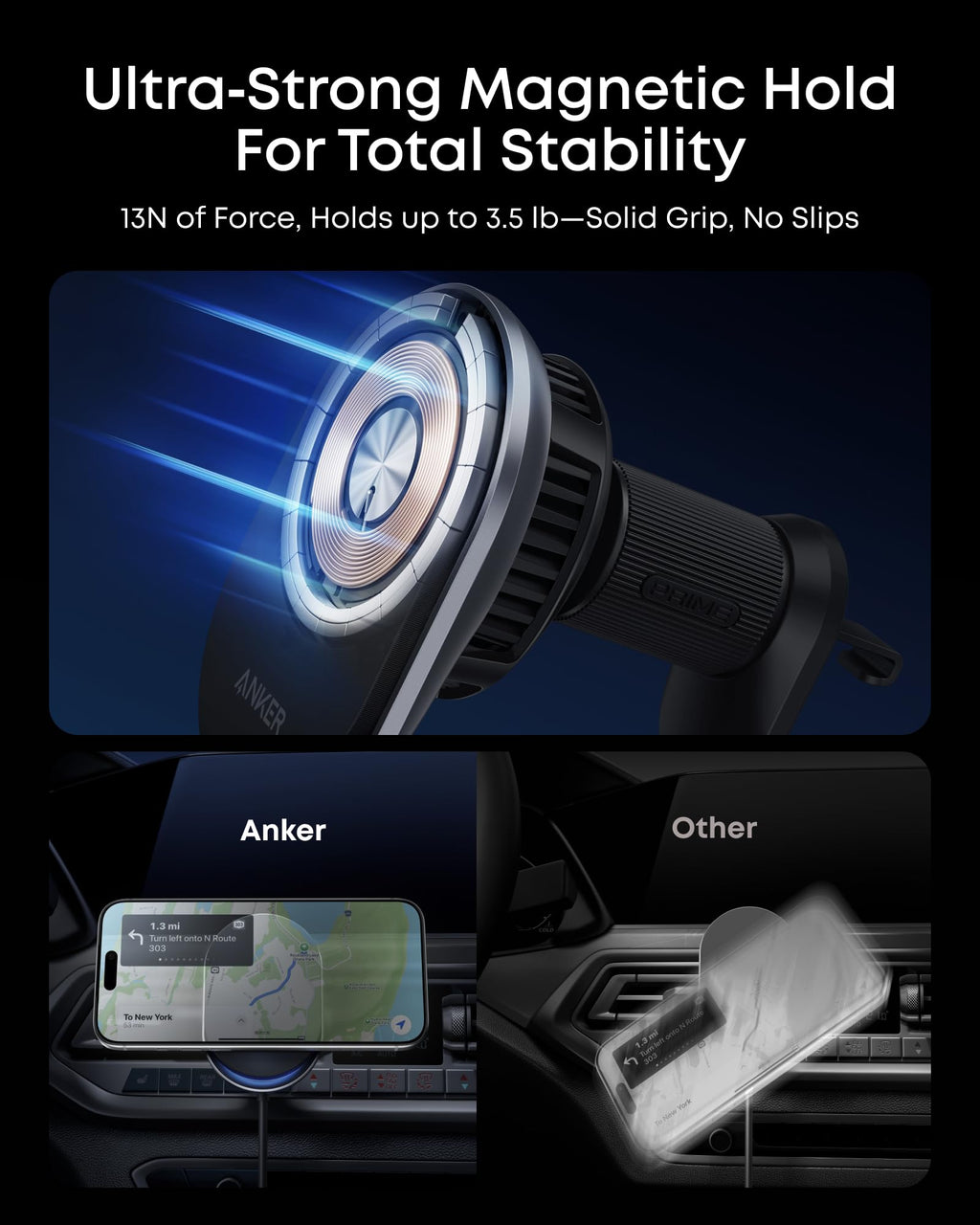 Anker Prime MagSafe Car Mount Charger, Qi2 25W Certified Wireless Car Charger with AirCool, Strong Magnets, Air Vent Mount for iPhone 17-12 Series (Check Vent Compatibility, 60W Adapter Included)