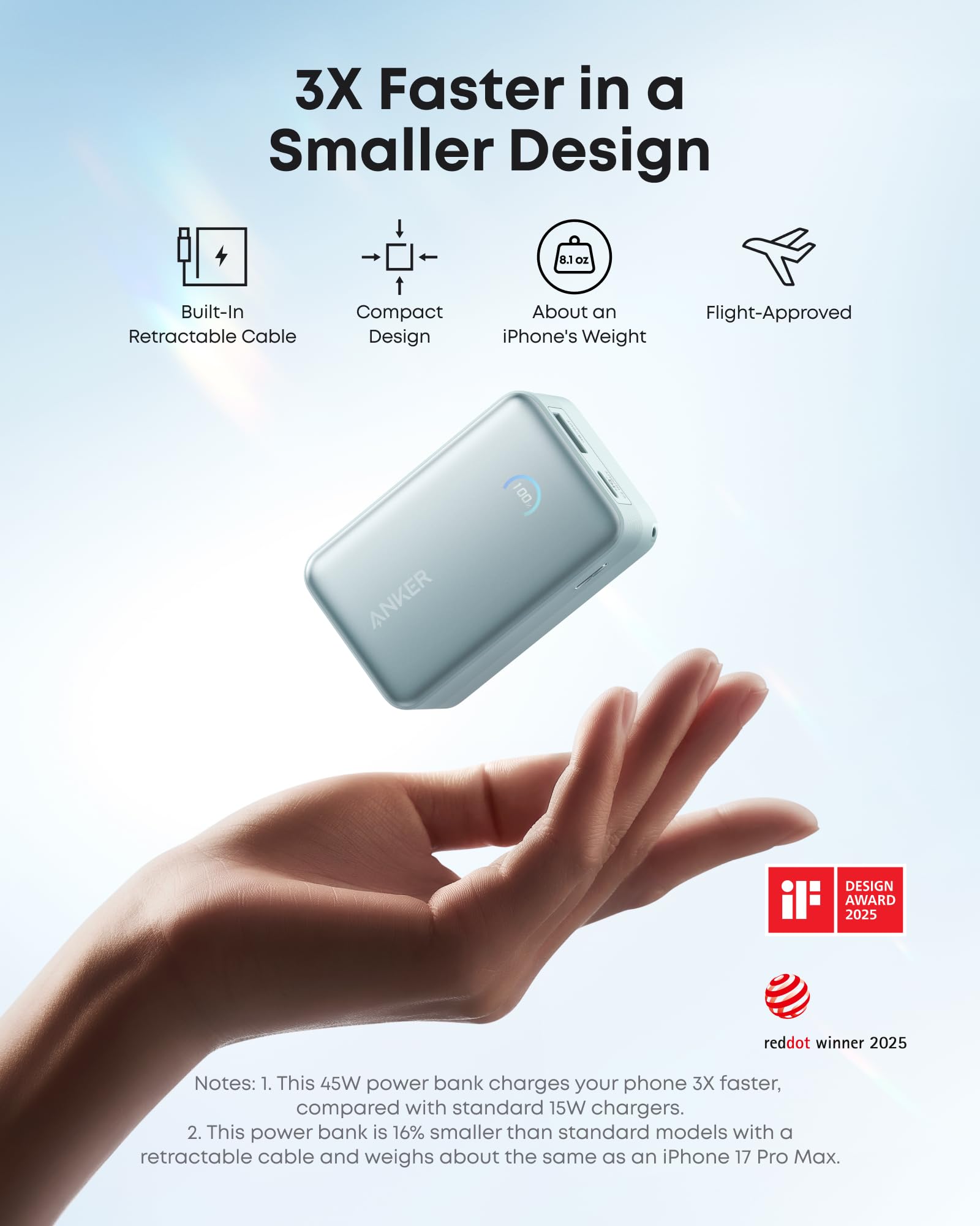 Anker Nano Portable Charger, 45W 10000mAh with 2.3 ft Retractable Cable, Compact Power Bank, Travel Essential Phone Battery Pack for iPhone 17/16 Series, iPad, Galaxy, Pixel, and More