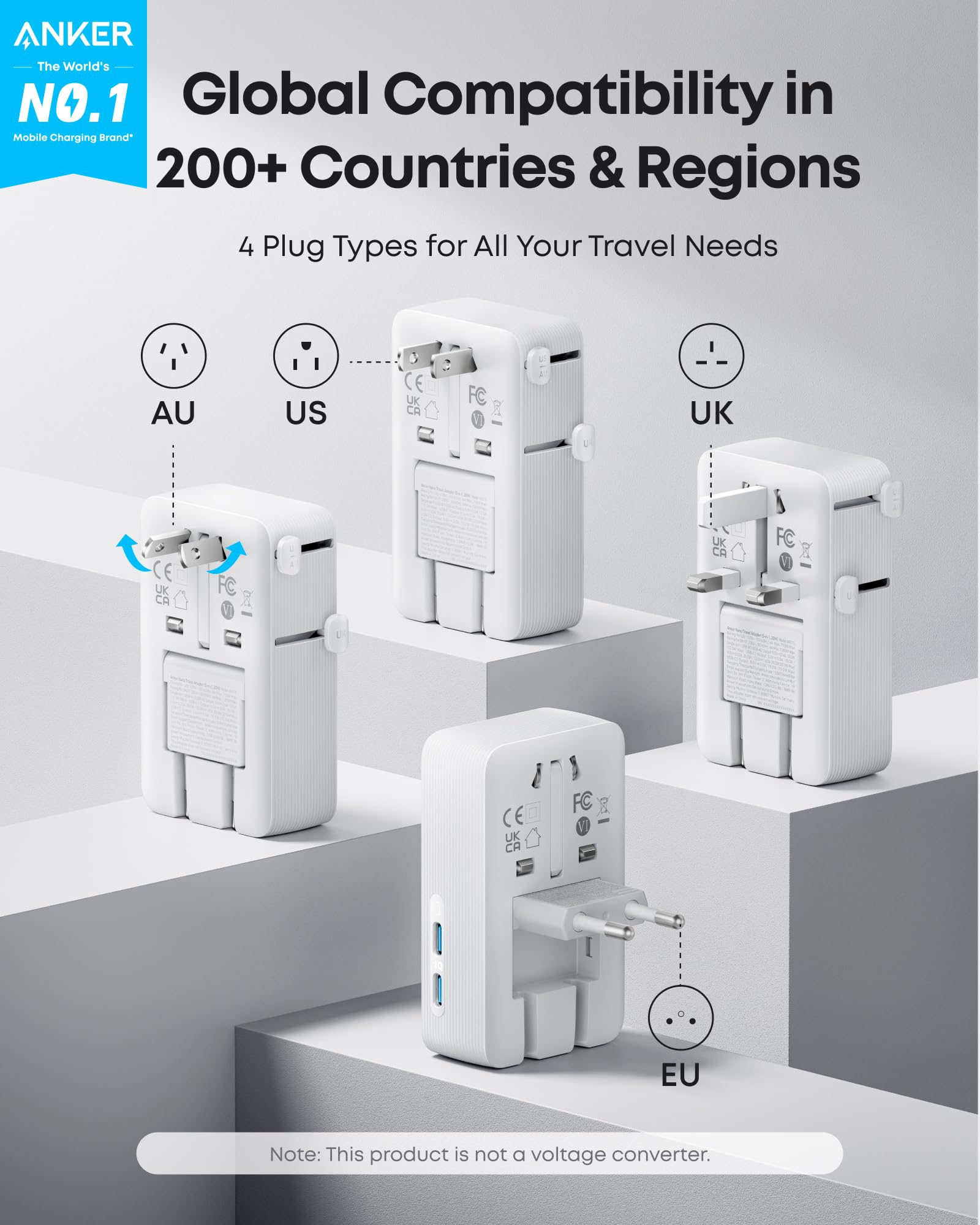 Anker Nano Travel Adapter, 5-Port Power Adapter with 1× 2-Pin AC, 2 USB A, 2 USB C for 20W, Smart Temperature Control, Works in 200+ Countries, Not a Voltage Converter, Travel Essentials (1-Pack)