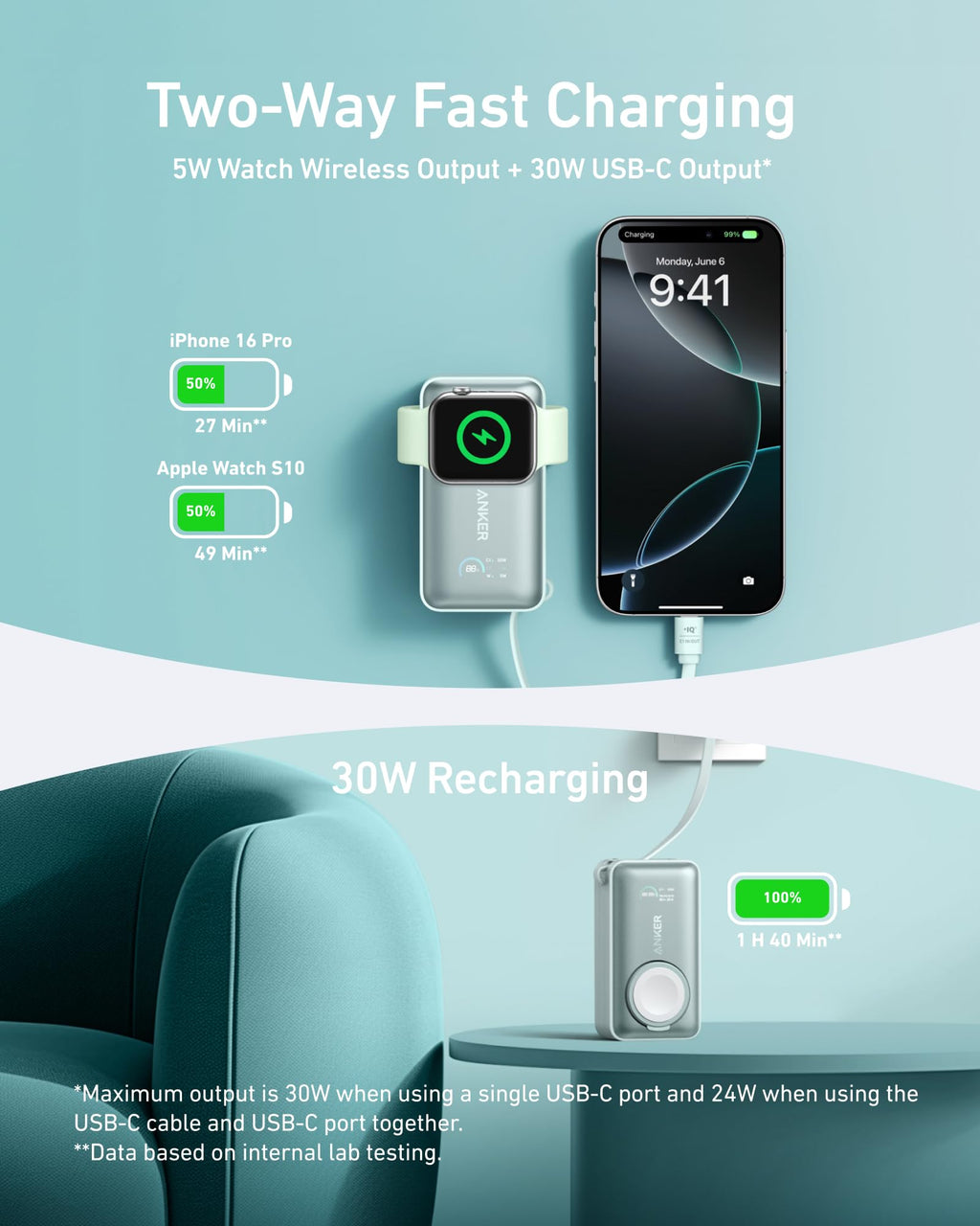Anker MagGo Power Bank for Apple Watch, Officially Certified 10,000mAh Compact Battery Pack with Built-in USB-C Cable, 35W Max, for iPhone 15 Series, Samsung, iPad, AirPods, and More(White)