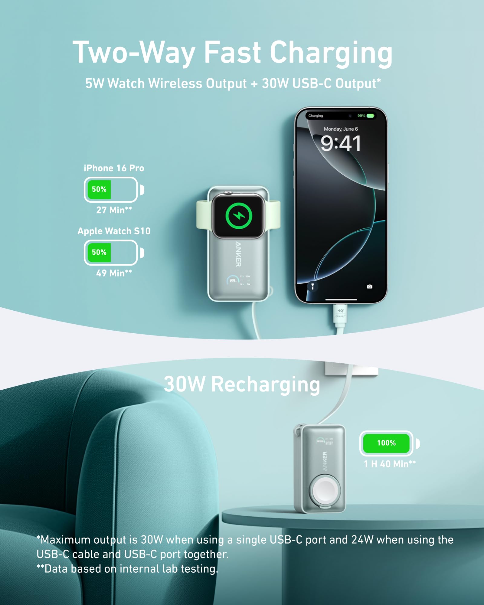 Anker MagGo Power Bank for Apple Watch, Officially Certified 10,000mAh Compact Battery Pack with Built-in USB-C Cable, 35W Max, for iPhone 15 Series, Samsung, iPad, AirPods, and More(White)