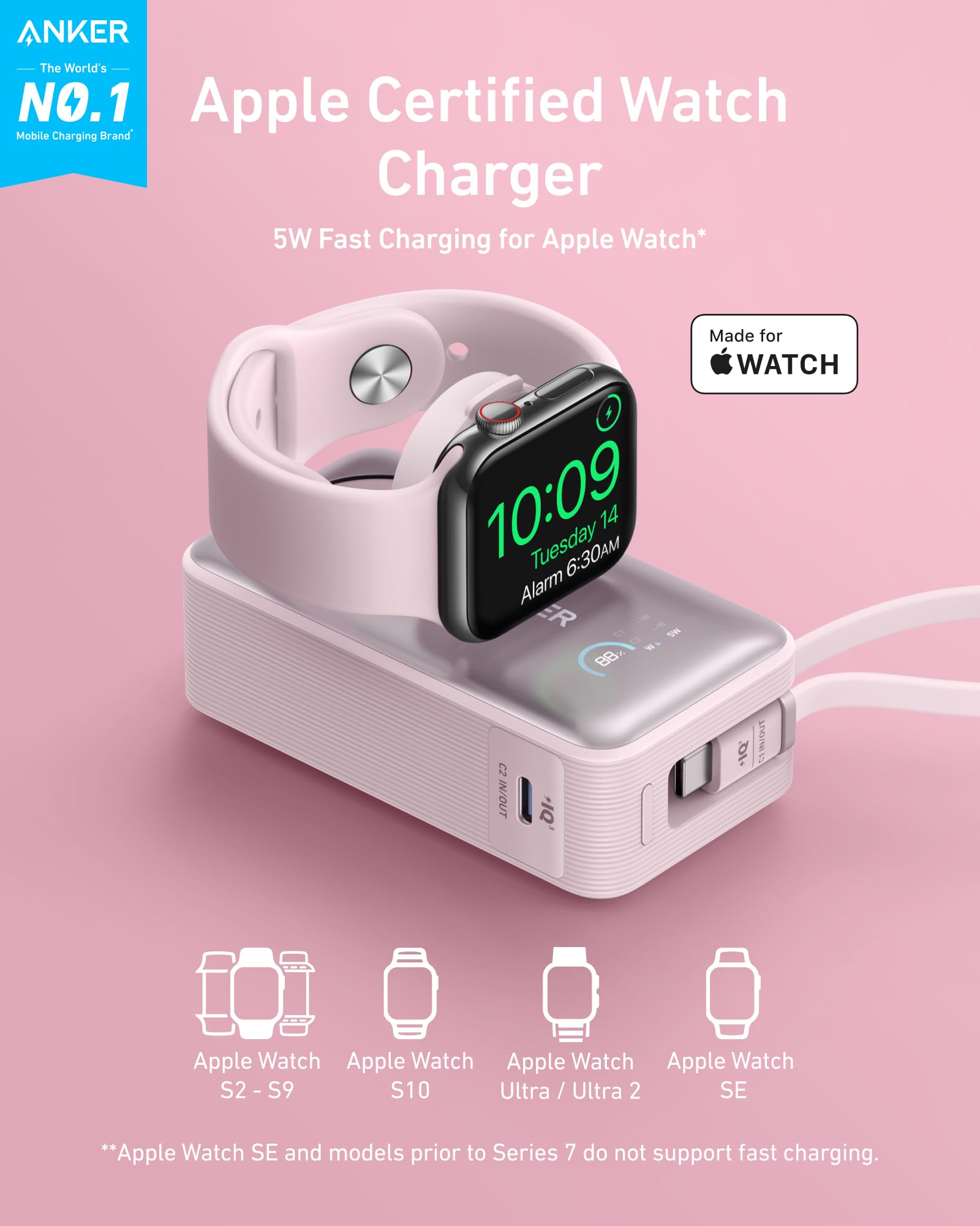 Anker MagGo Power Bank for Apple Watch, Officially Certified 10,000mAh Compact Battery Pack with Built-in USB-C Cable, 35W Max, for iPhone 15 Series, Samsung, iPad, AirPods, and More(White)