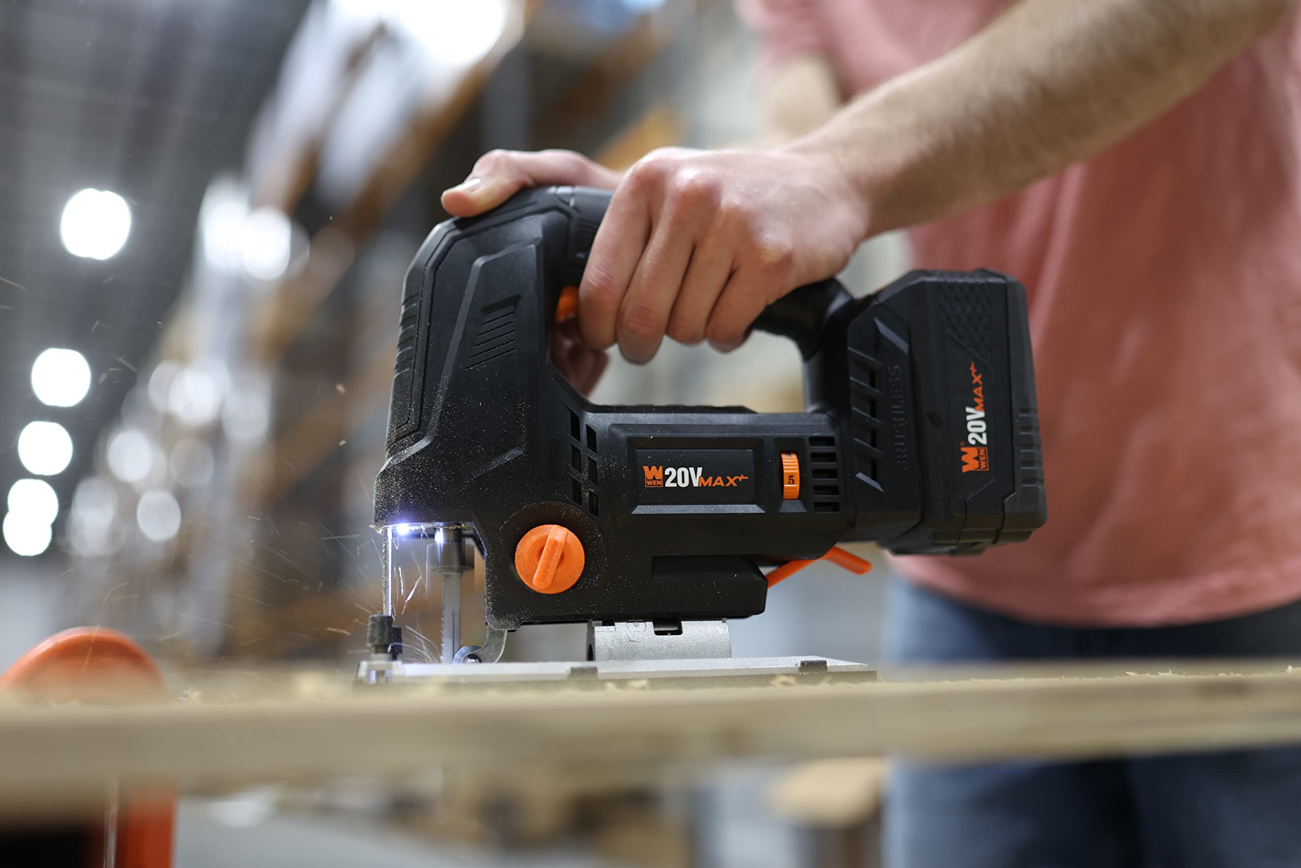 WEN Cordless Jigsaw, Brushless with Variable Speed, 20V Max 4.0 Ah Lithium Ion Battery and Charger (20667)