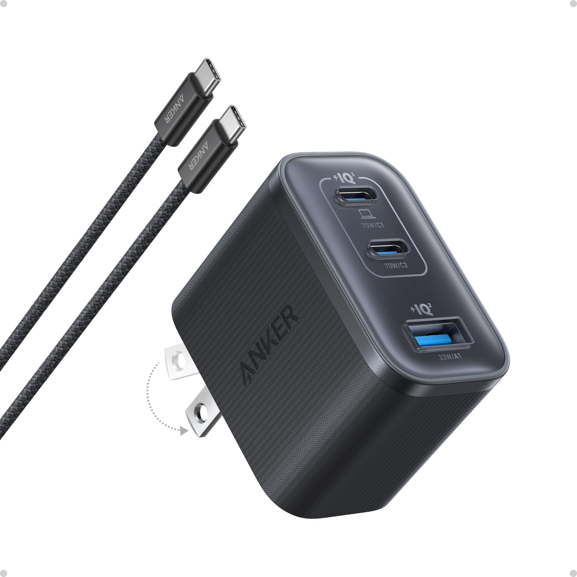 Anker Nano USB C Charger, Ultra-Fast 70W Output 3-Port Fast Charger USB C, Type C Charger Fast Charging, Compact and Stylish, for iPhone 17/16 Series,MacBook, iPad and More(White, Cable Included)