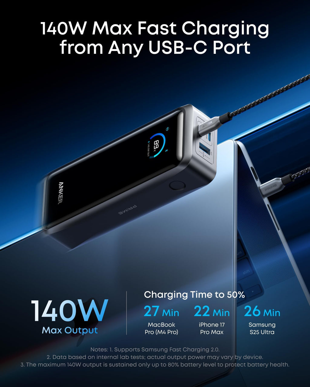 Anker Prime Power Bank, 26,250mAh 3-Port Portable Charger with 300W Max Output, Two-Way Charging, TSA-Approved, App Control, for MacBook, iPhone 17/16 Series, and More (Base Not Included)