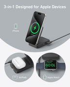 Anker MagGo 3 in 1 iPhone 17 Charging Station, MagSafe-Compatible Wireless Charger Stand, Qi2 Certified 15W Foldable Charger for iPhone 17/16/15/14/13/12, AirPods, Apple Watch Ultra(Adapter Included)