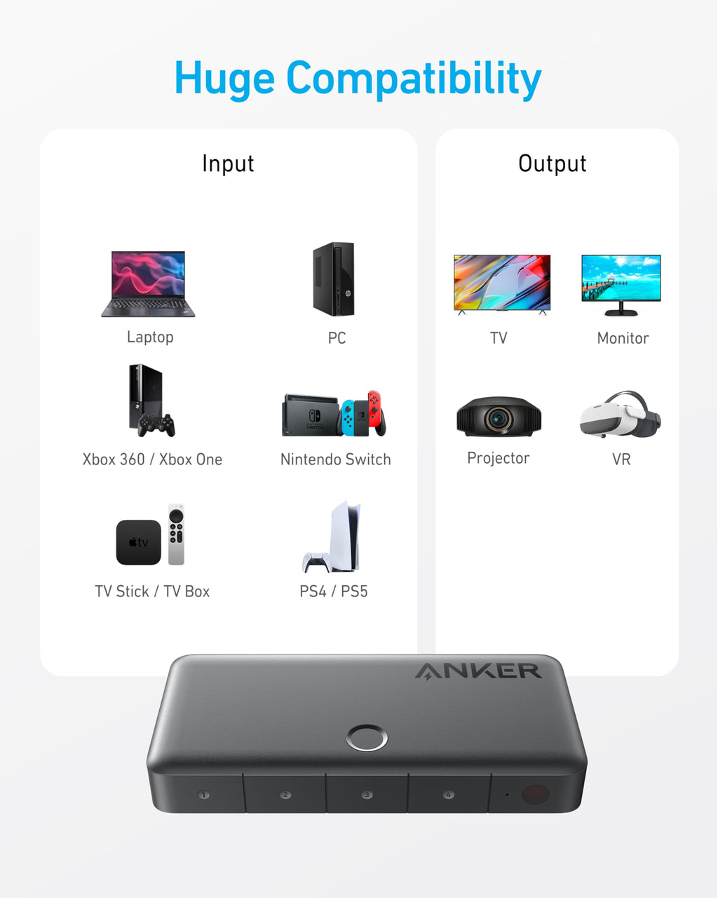 Anker HDMI Switch, 4K@60Hz HDMI Switcher, 4 in 1 Out with Smooth Finish, Supports HDR/3D/Dolby/DTS, Compatible with Laptops,PC,Xbox,PS5/PS4,Projector(Charger and Remote Control Batteries Not Included)